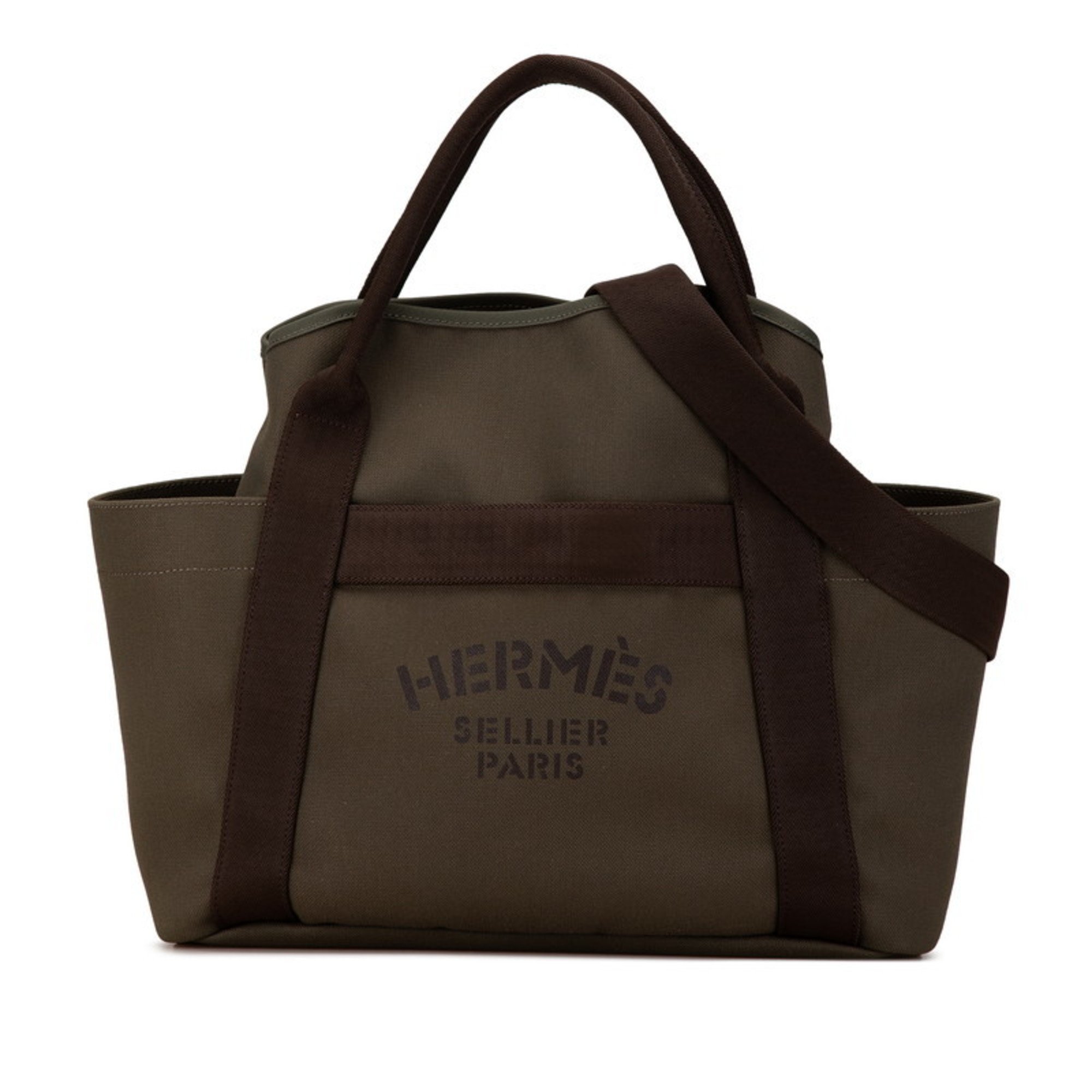 Hermes Sac de Pansage Groom Tote Bag Shoulder Khaki Canvas Leather Women's HERMES