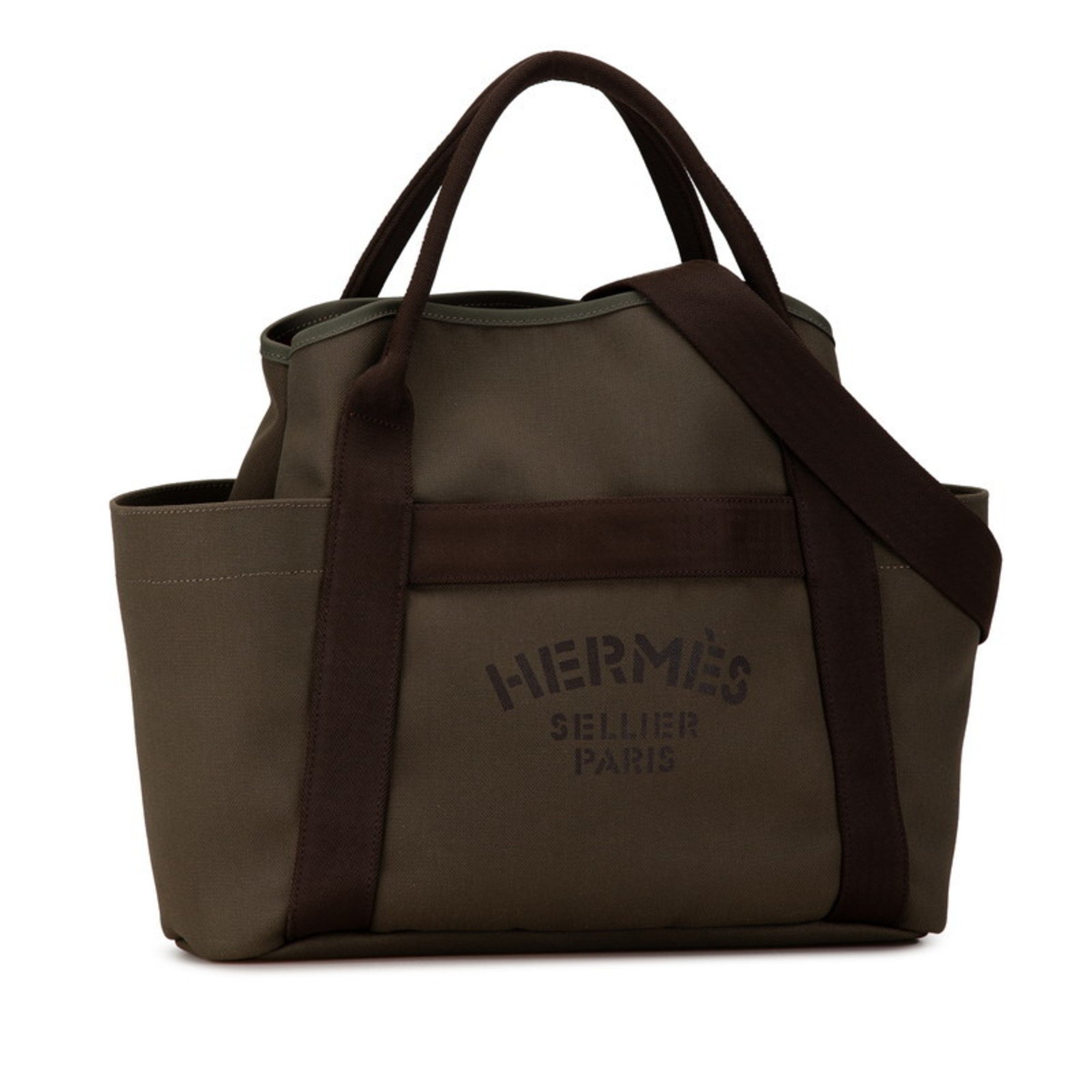 Hermes Sac de Pansage Groom Tote Bag Shoulder Khaki Canvas Leather Women's HERMES