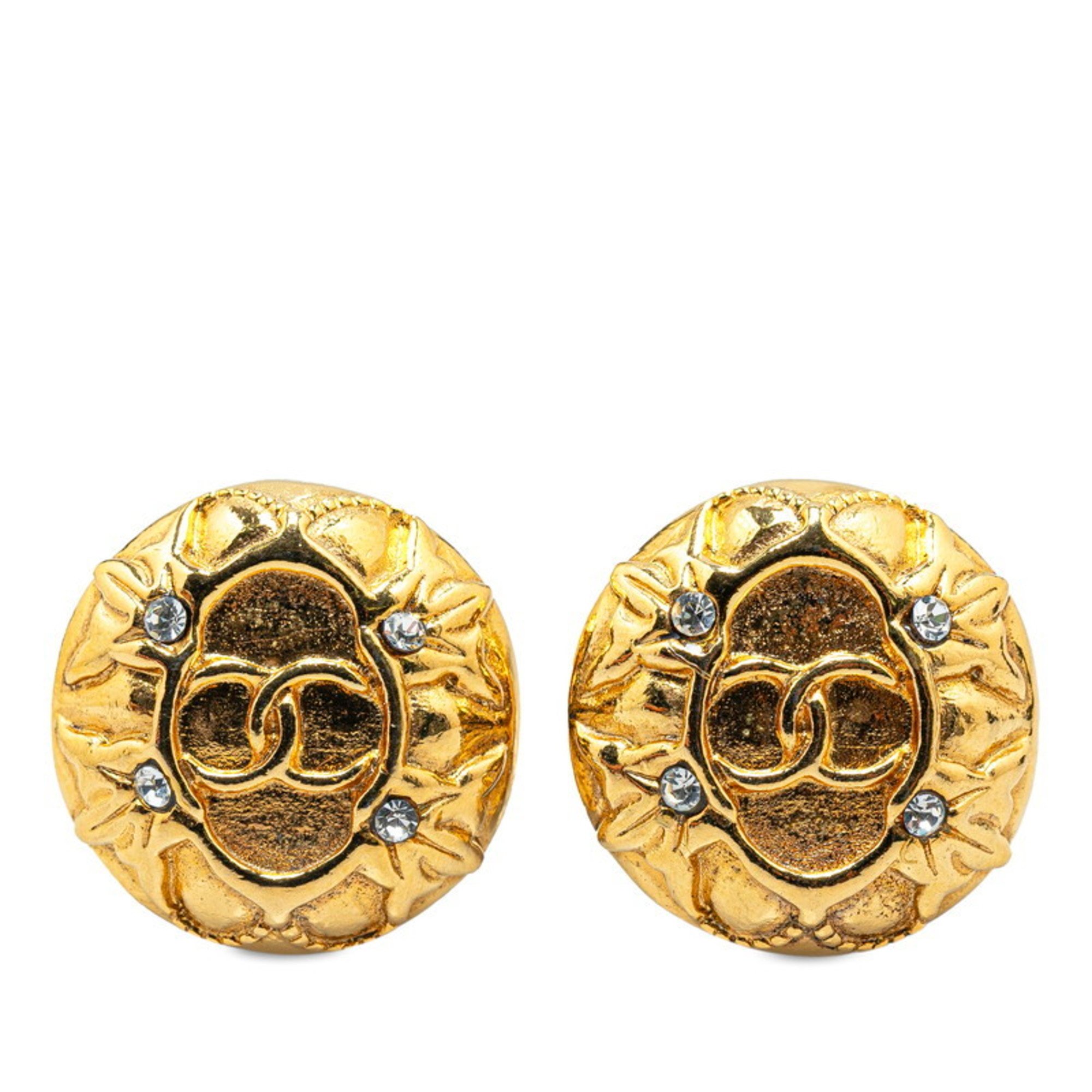 Chanel Coco Mark Rhinestone Earrings Gold Plated Women's CHANEL