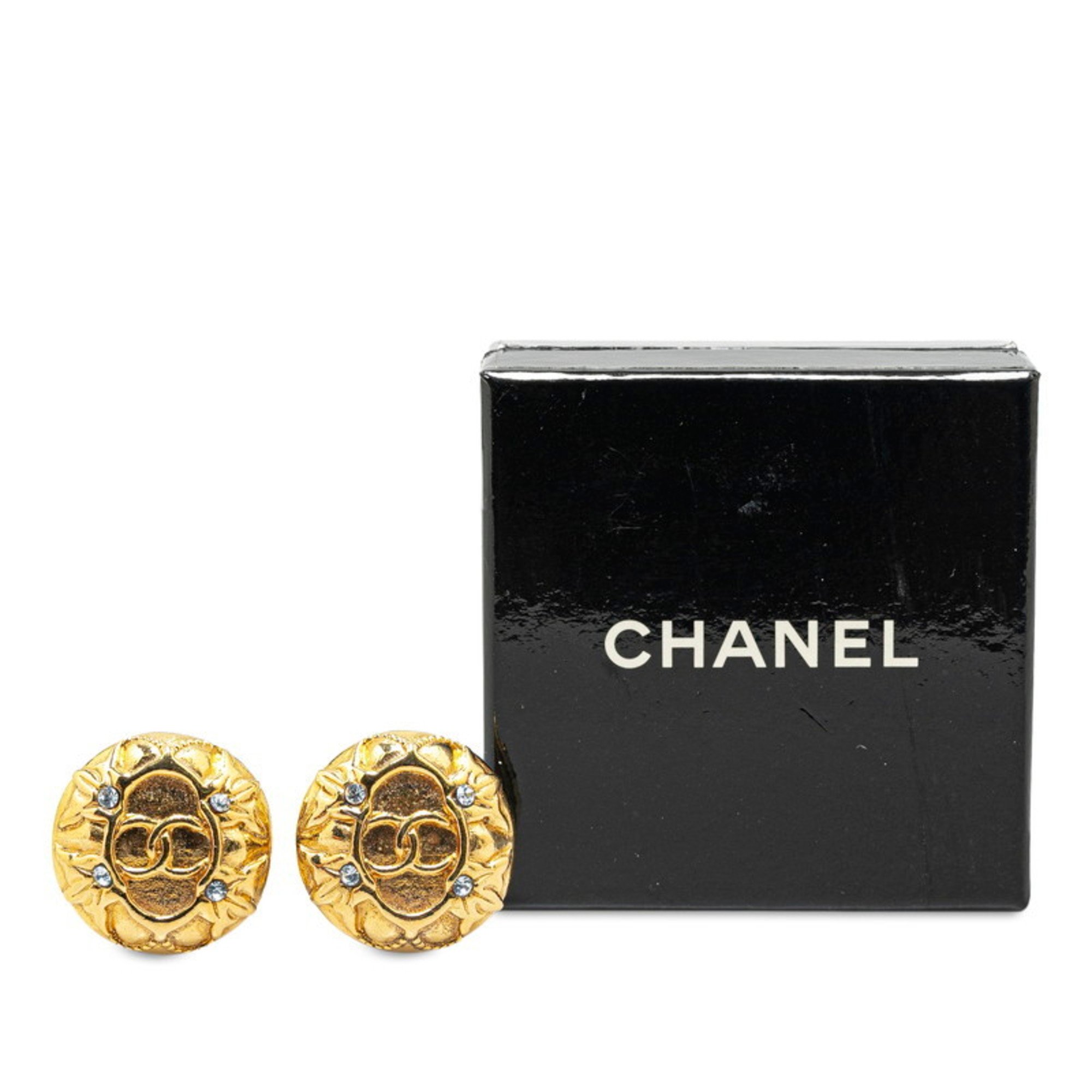 Chanel Coco Mark Rhinestone Earrings Gold Plated Women's CHANEL