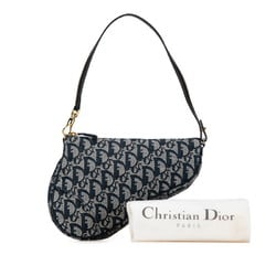 Christian Dior Dior Trotter Saddle Handbag MC0032 Navy Grey Canvas Leather Women's