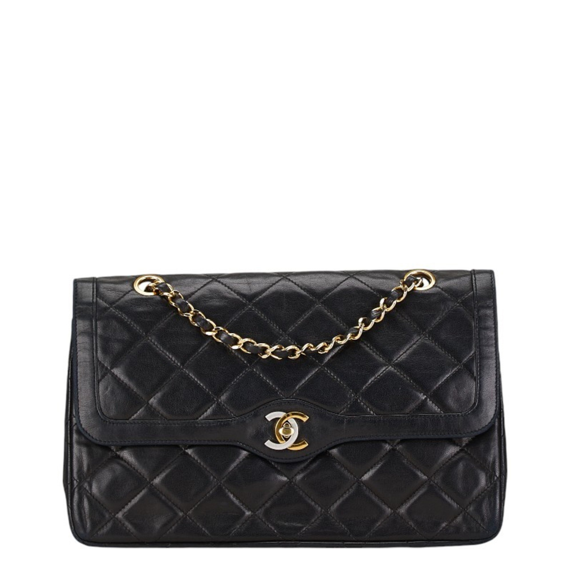 Chanel Matelasse 25 Coco Mark Double Flap Paris Limited Chain Shoulder Bag Black Lambskin Women's CHANEL