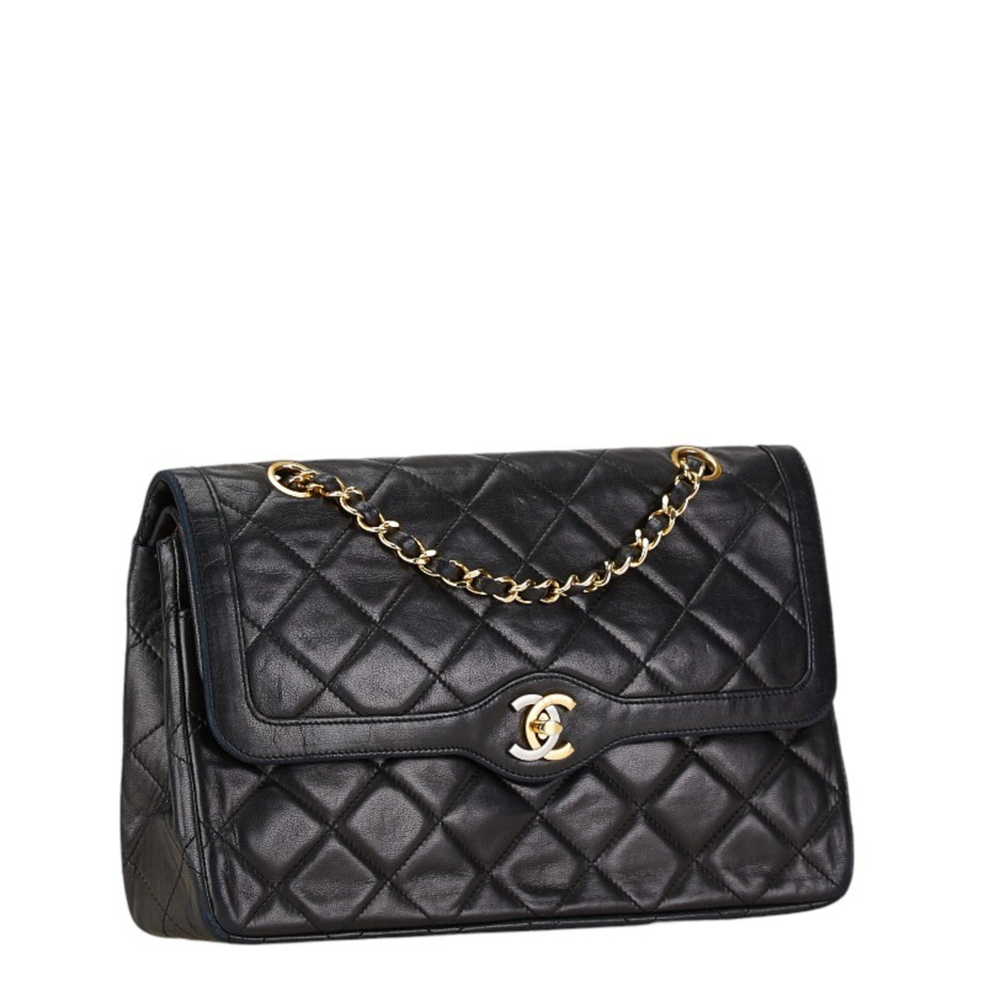 Chanel Matelasse 25 Coco Mark Double Flap Paris Limited Chain Shoulder Bag Black Lambskin Women's CHANEL