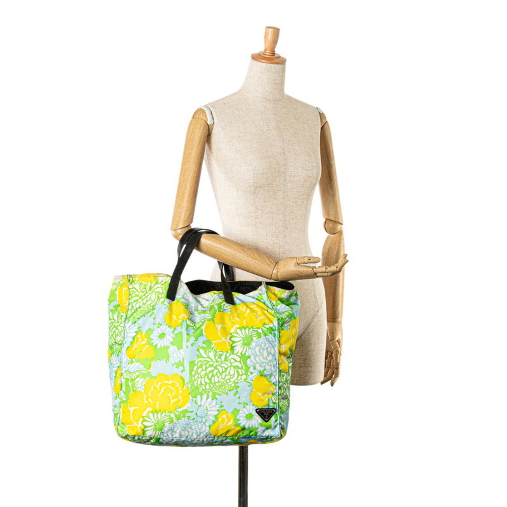 Prada Triangle Plate Print Handbag Tote Bag VA0905 Green Multicolor Nylon Leather Women's PRADA