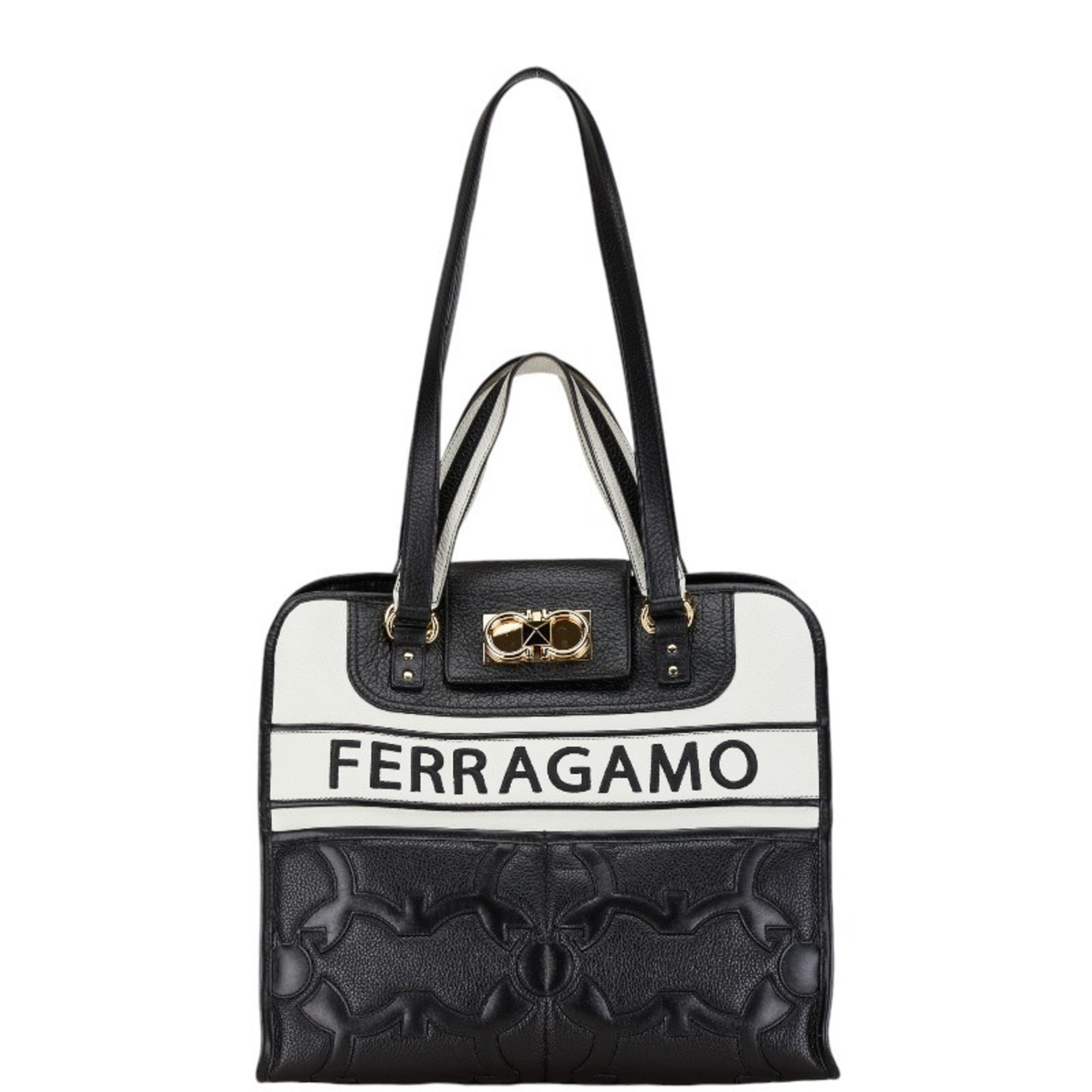 Salvatore Ferragamo Gancini Iconic Handbag Tote Bag Black White Leather Women's