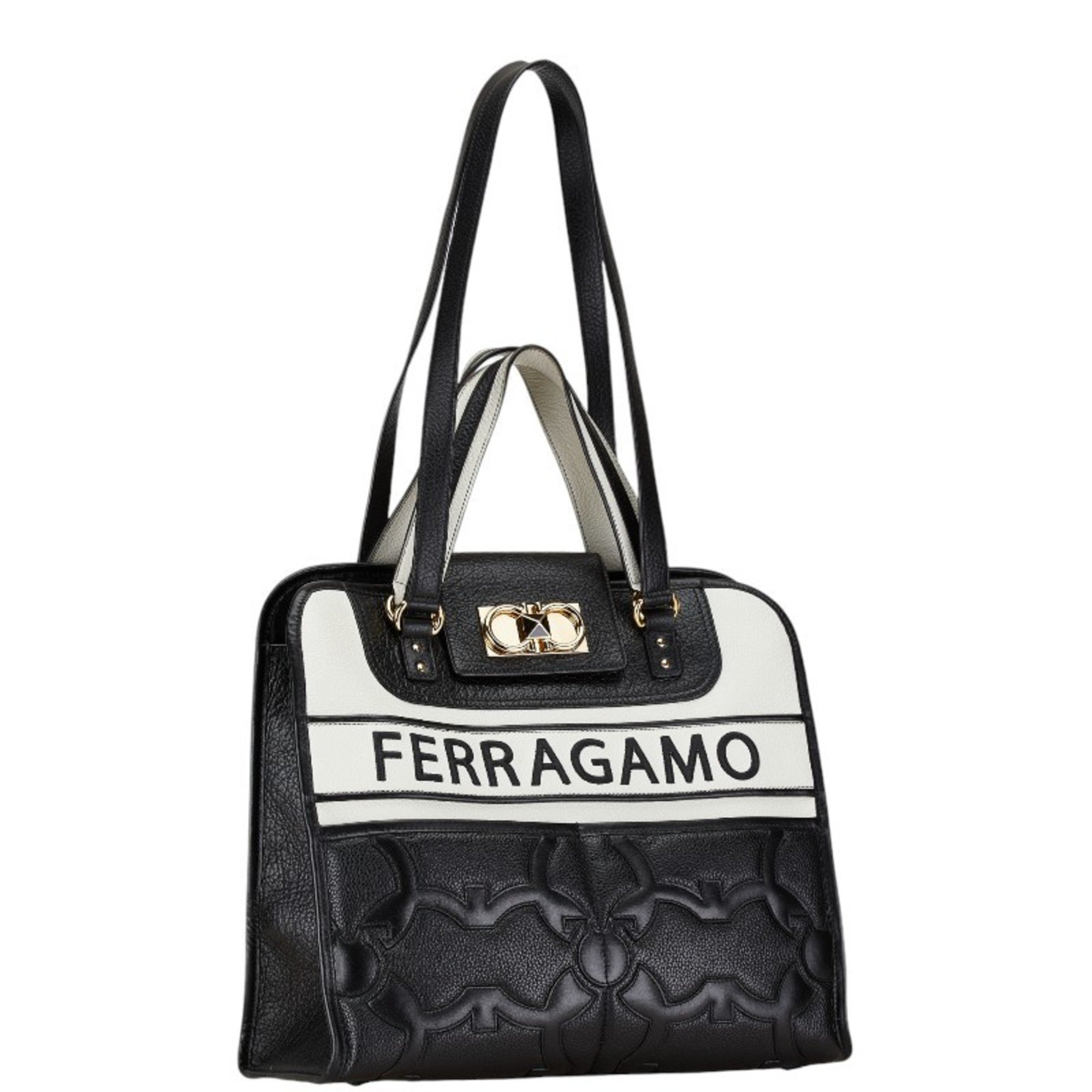 Salvatore Ferragamo Gancini Iconic Handbag Tote Bag Black White Leather Women's