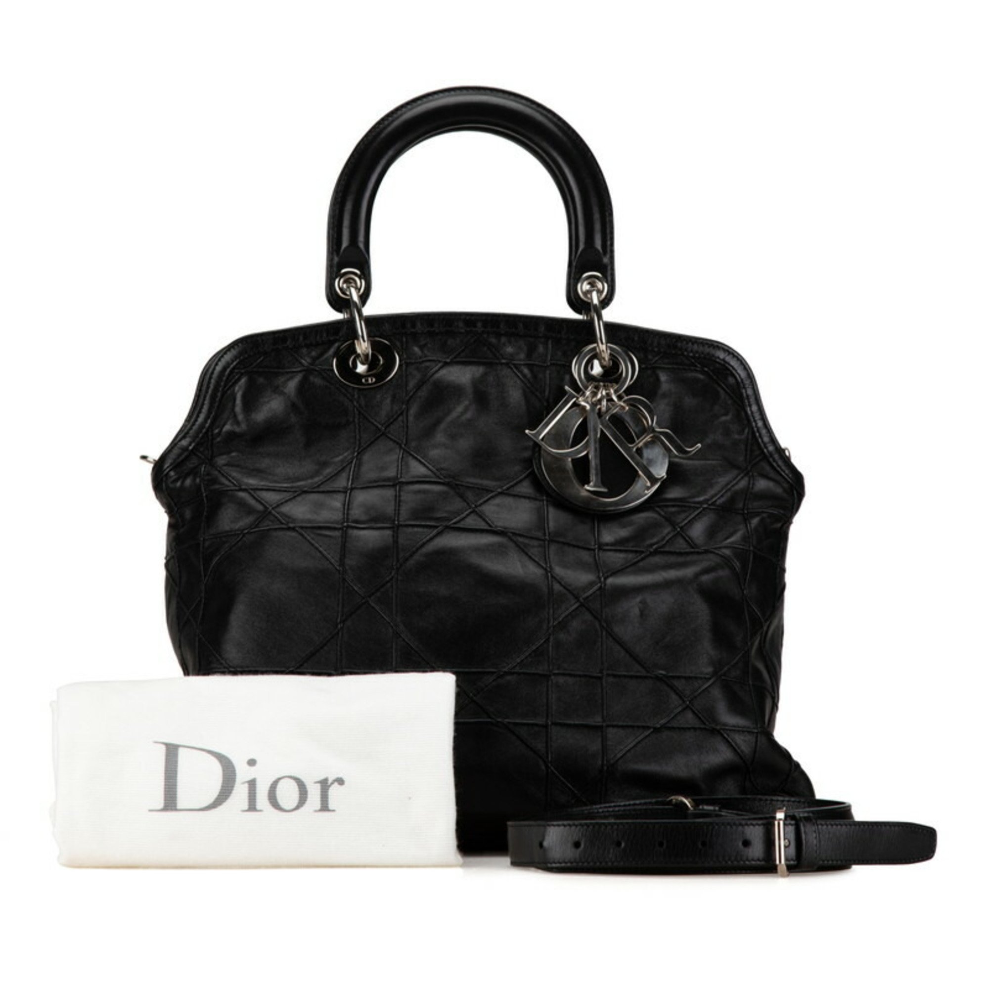 Christian Dior Dior Cannage Handbag Shoulder Bag Black Leather Women's