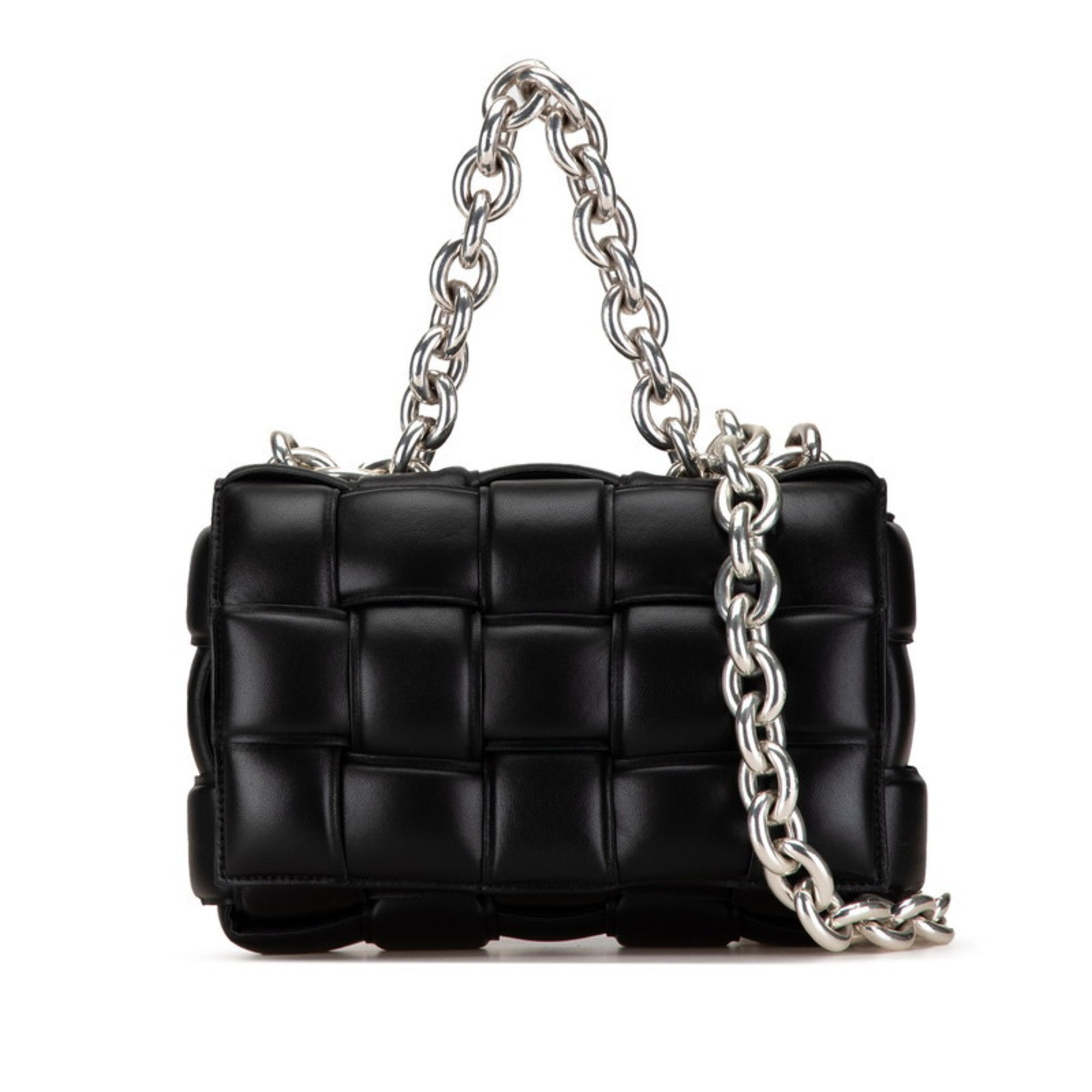 Bottega Veneta Maxi Intrecciato Padded Cassette Chain Shoulder Bag Black Leather Women's BOTTEGAVENETA