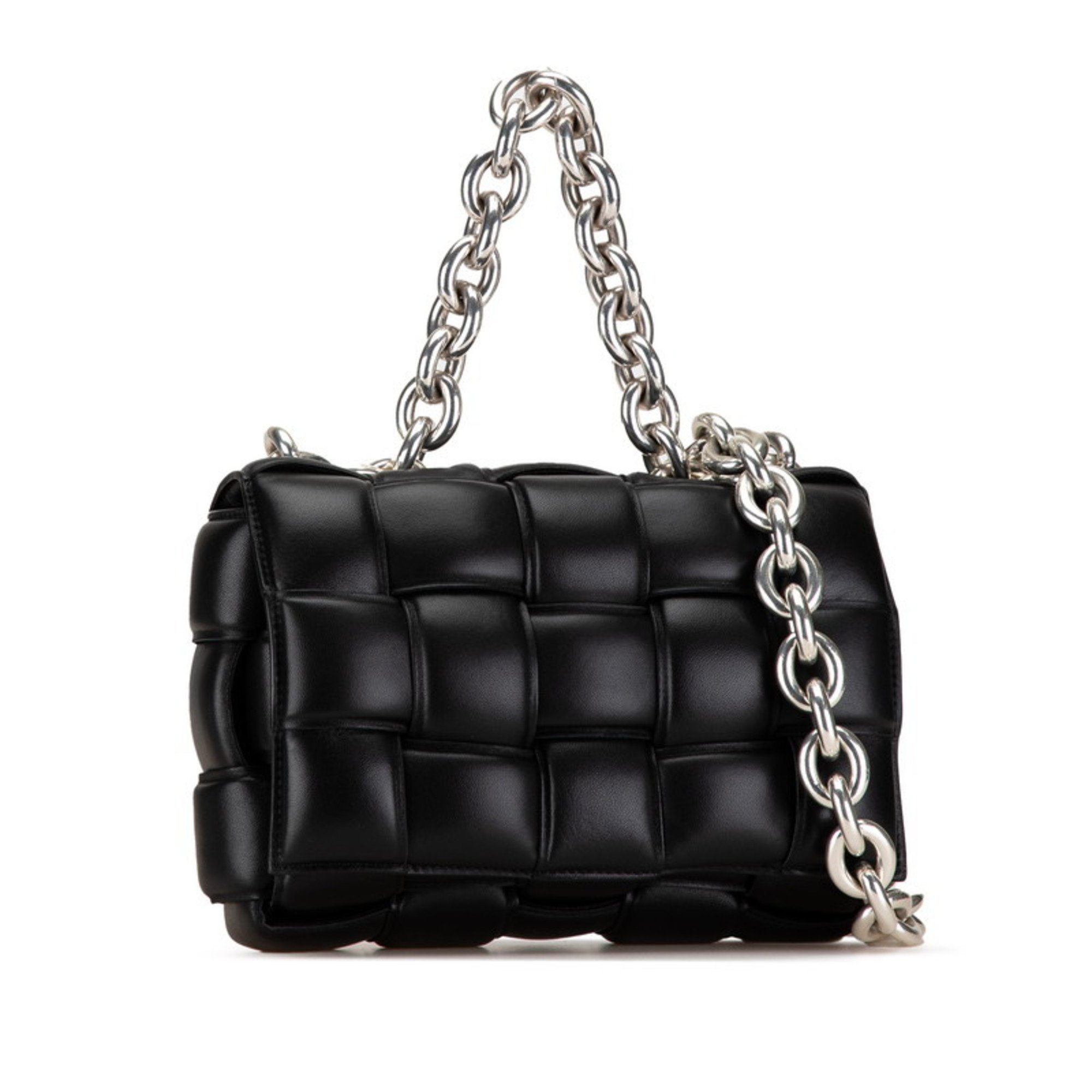 Bottega Veneta Maxi Intrecciato Padded Cassette Chain Shoulder Bag Black Leather Women's BOTTEGAVENETA