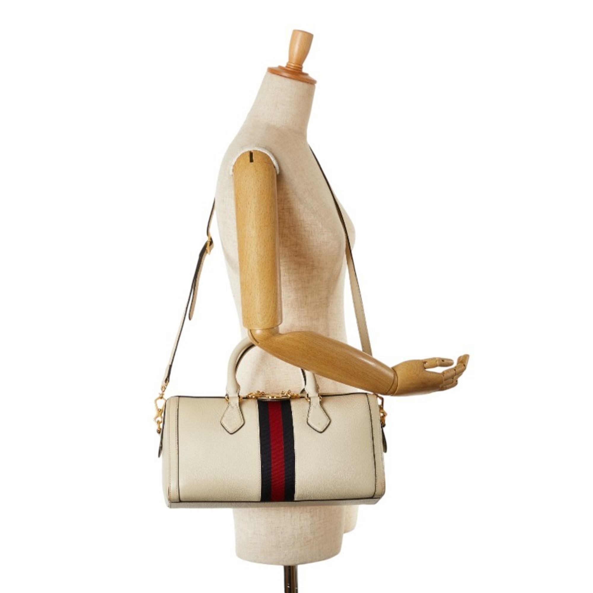 Gucci Ophidia Sherry Line Boston Handbag Shoulder Bag 524532 White Canvas Leather Women's GUCCI