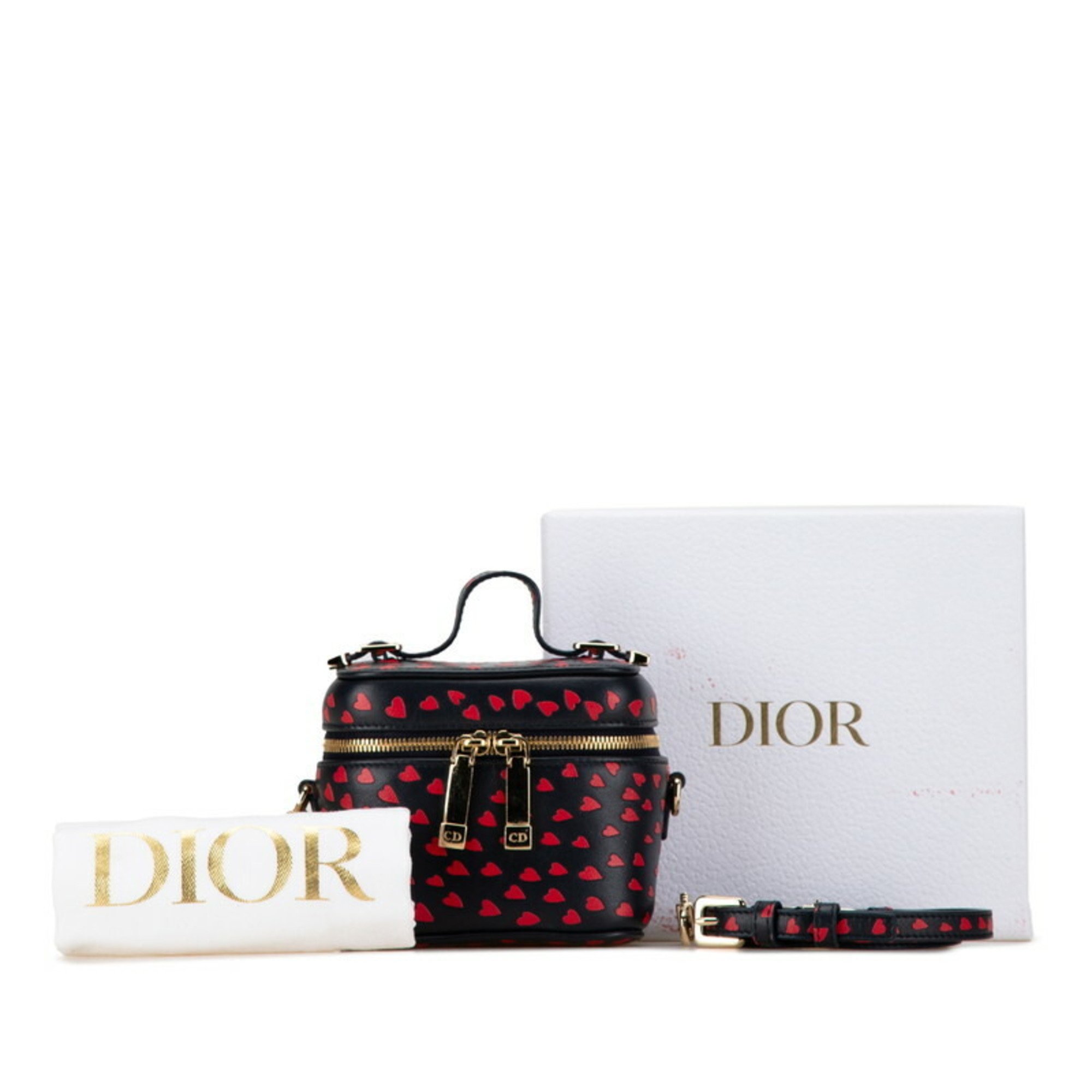 Christian Dior Dior Lady Heart Motif Micro Vanity Bag Shoulder Navy Red Leather Women's