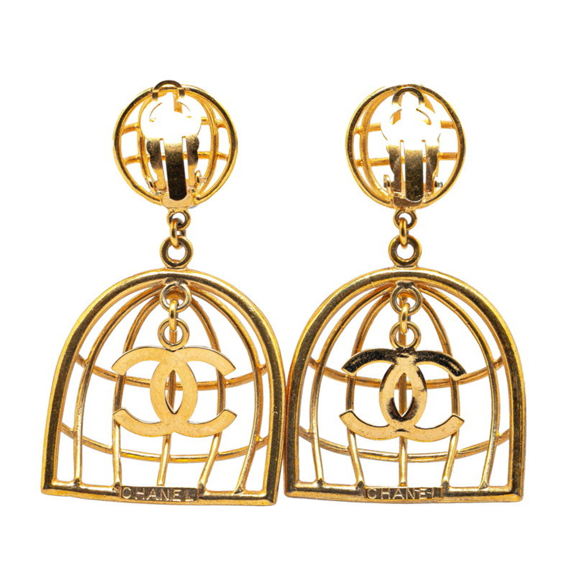 Chanel Coco Mark Birdcage Motif Earrings Gold Plated Women's CHANEL