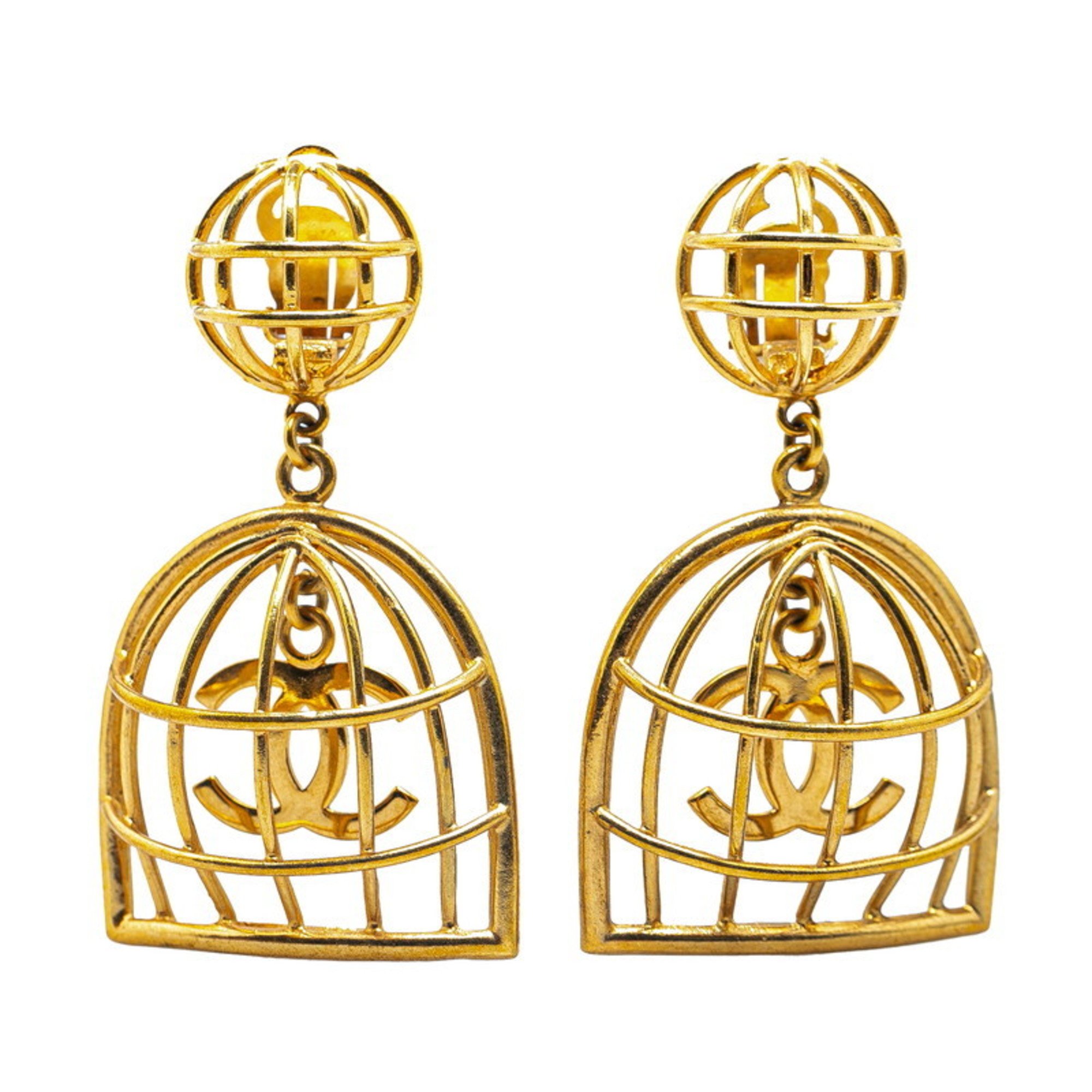 Chanel Coco Mark Birdcage Motif Earrings Gold Plated Women's CHANEL