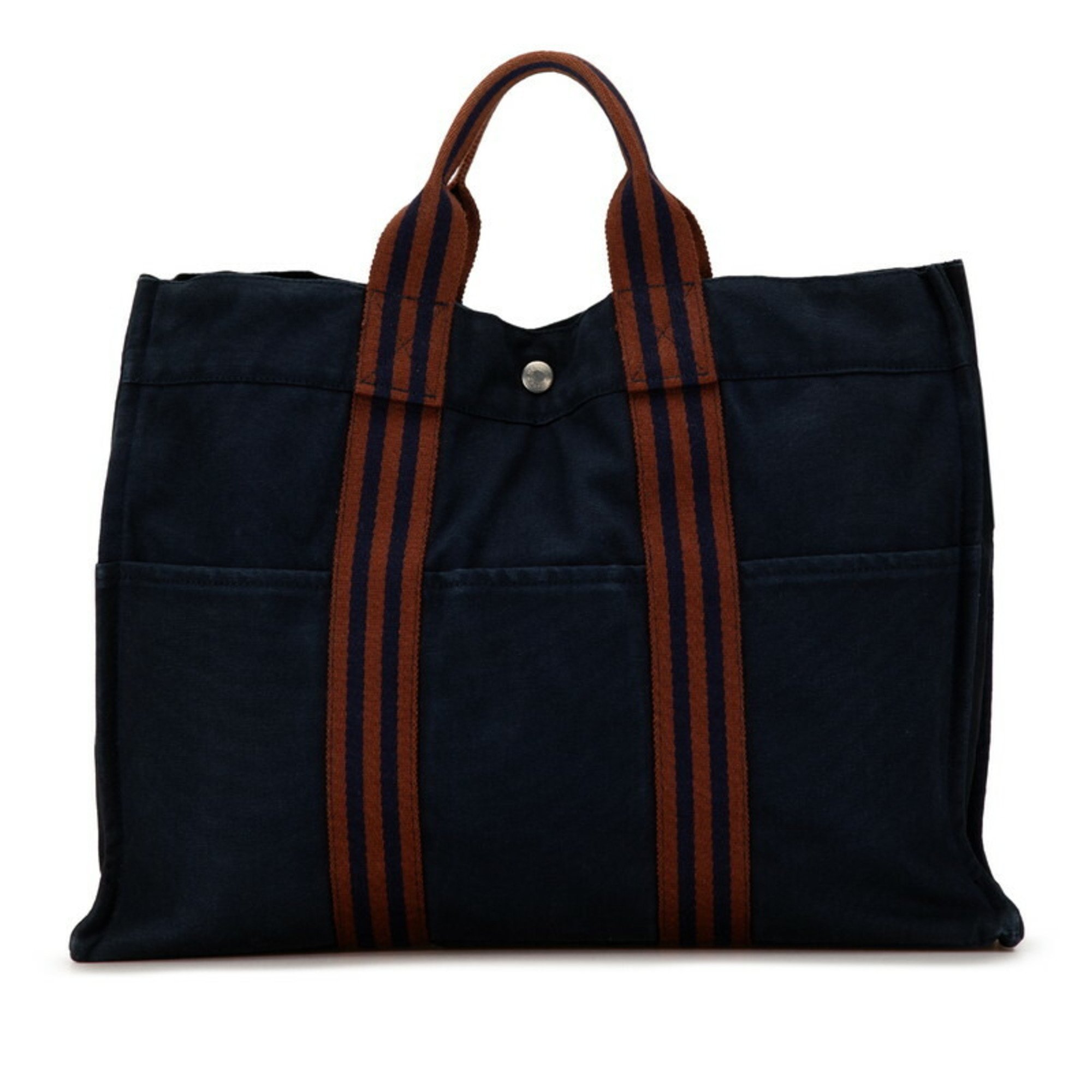 Hermes Foultou MM Handbag Tote Bag Navy Brown Canvas Women's HERMES