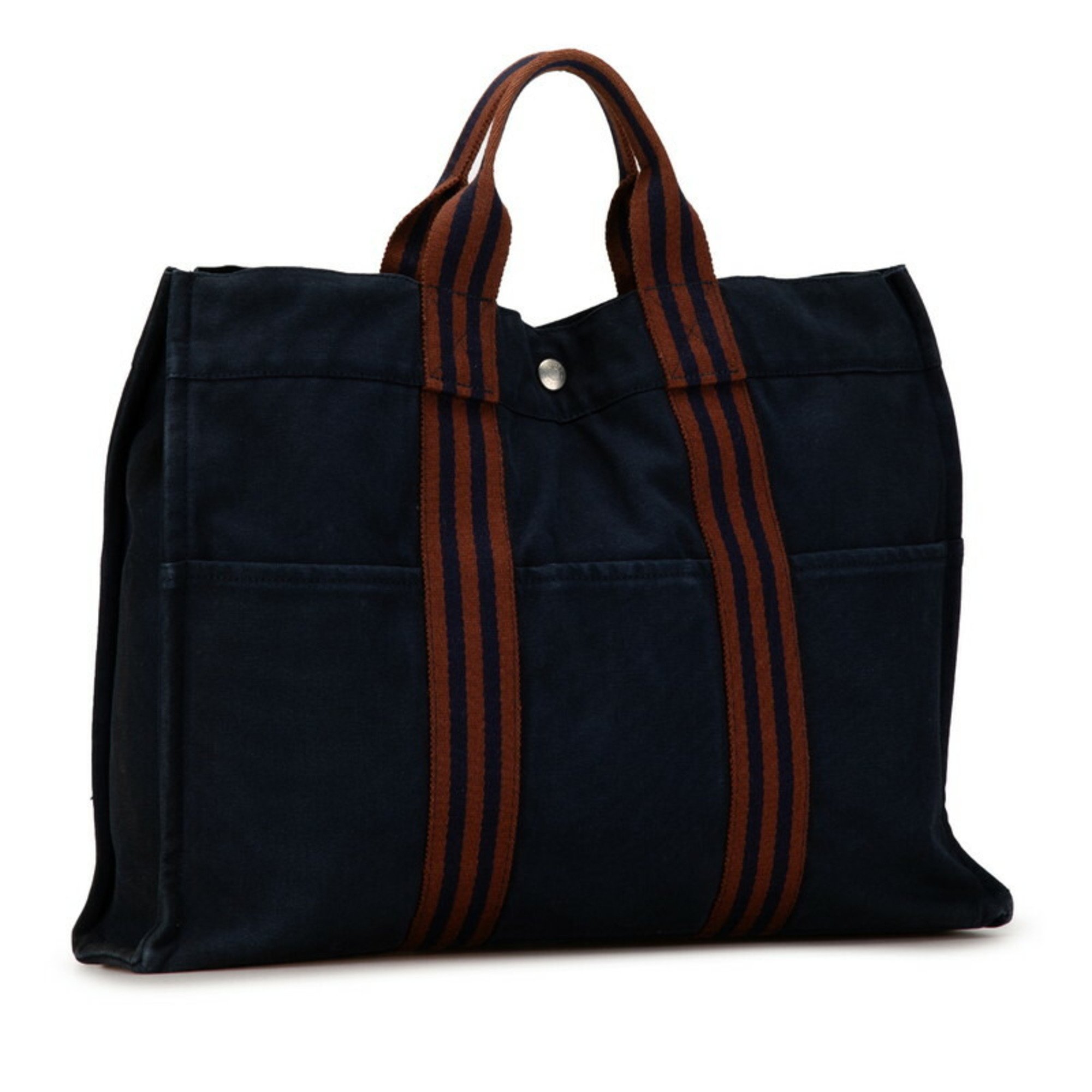 Hermes Foultou MM Handbag Tote Bag Navy Brown Canvas Women's HERMES