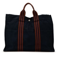 Hermes Foultou MM Handbag Tote Bag Navy Brown Canvas Women's HERMES