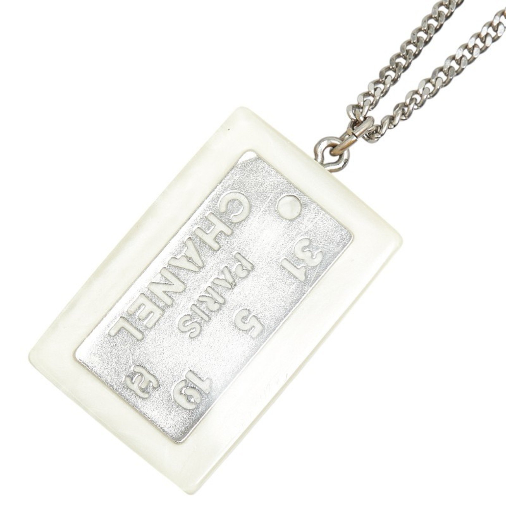 Chanel Cambon Plate Necklace White Silver Plastic Plated Women's CHANEL