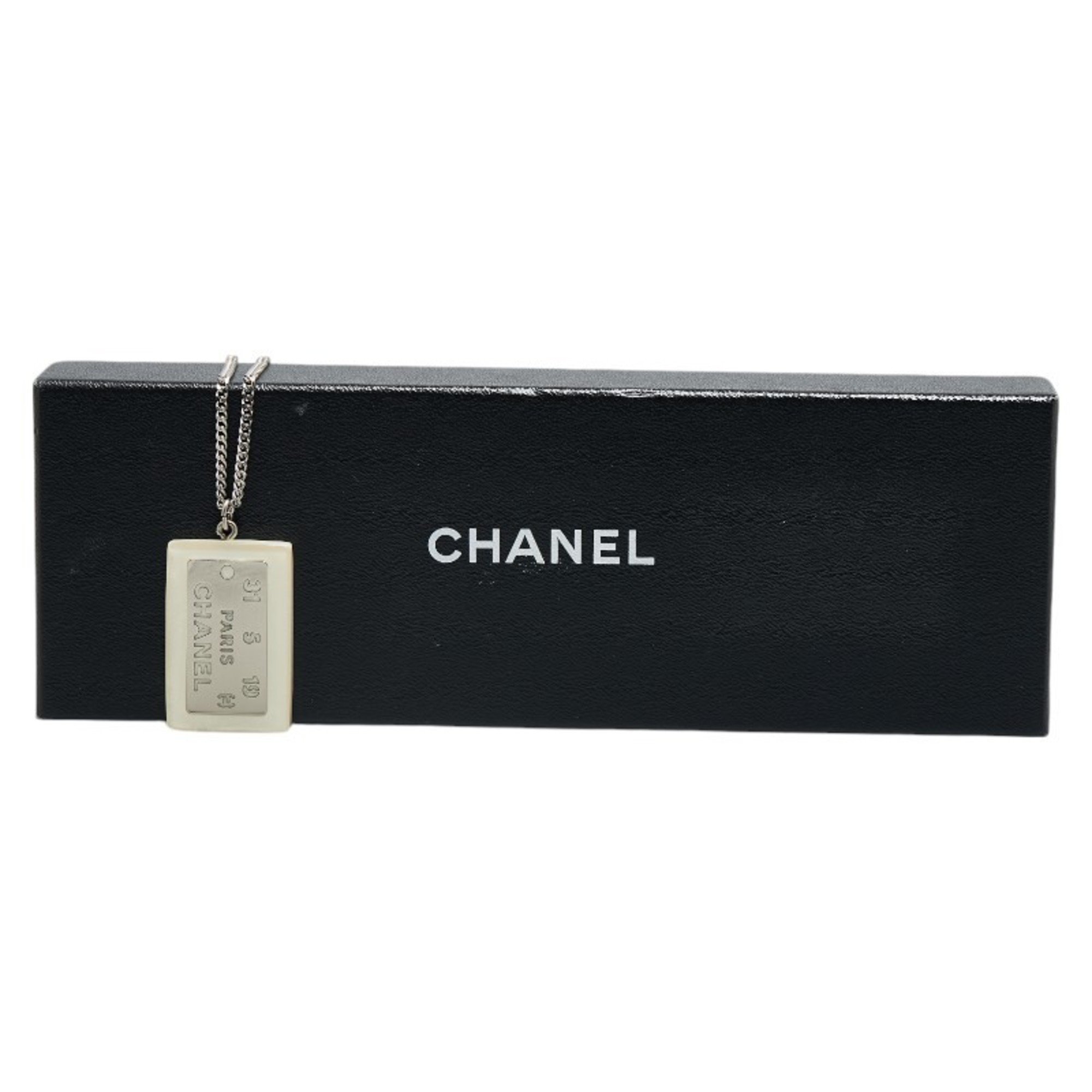 Chanel Cambon Plate Necklace White Silver Plastic Plated Women's CHANEL