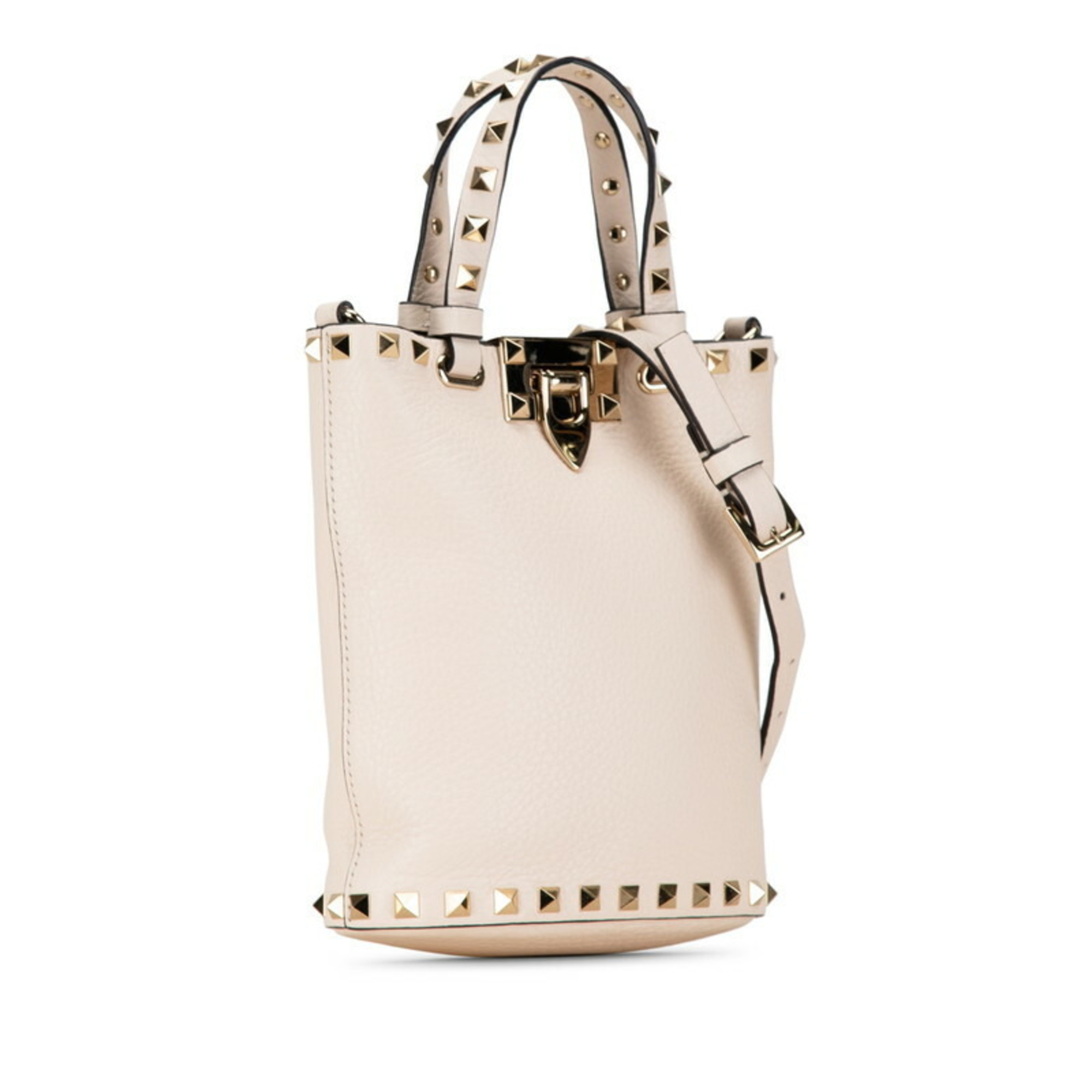 Valentino Rockstud Tote Bag Shoulder Ivory Gold Leather Women's VALENTINO