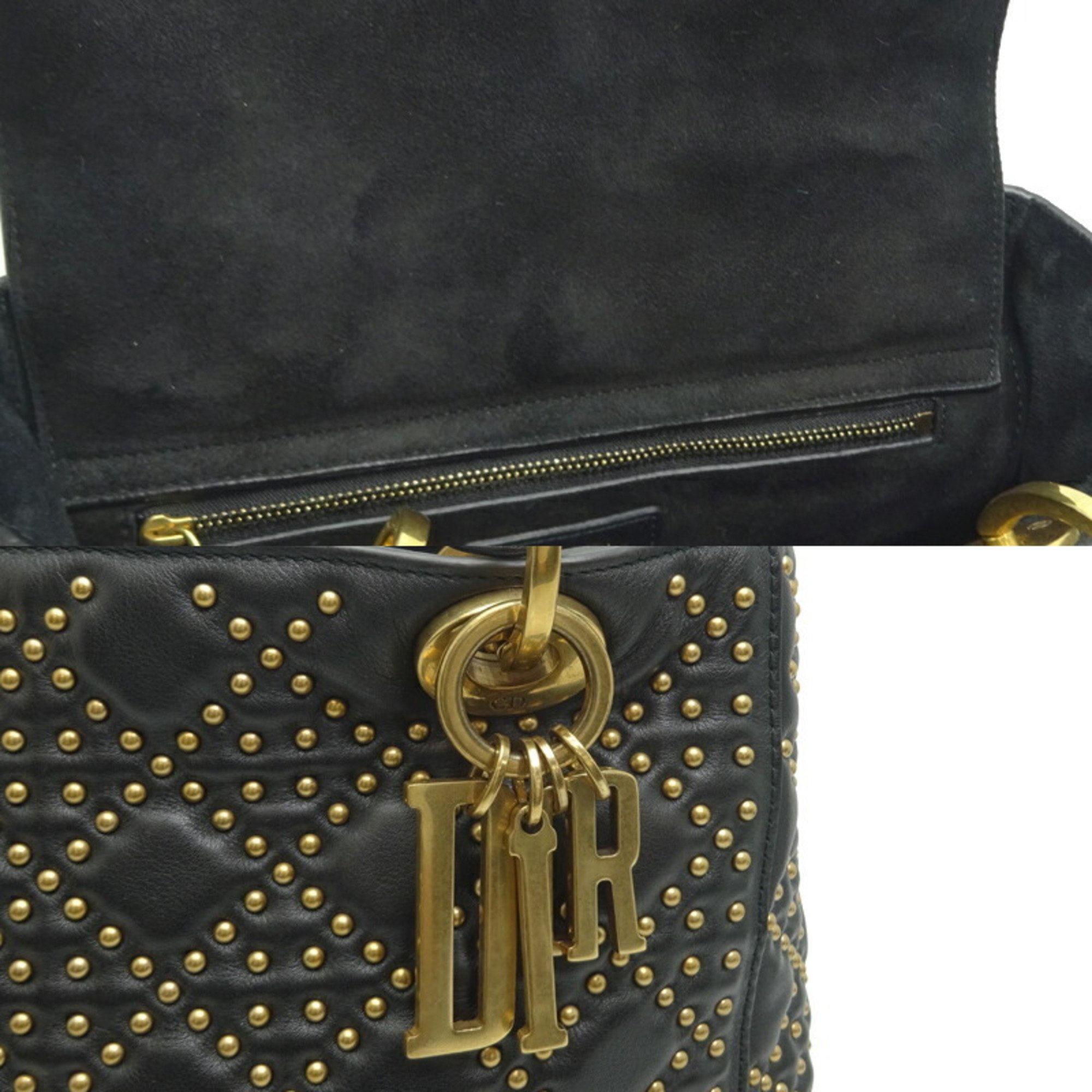 Christian Dior Lady Medium Studded Bag Women's Handbag Lambskin Black