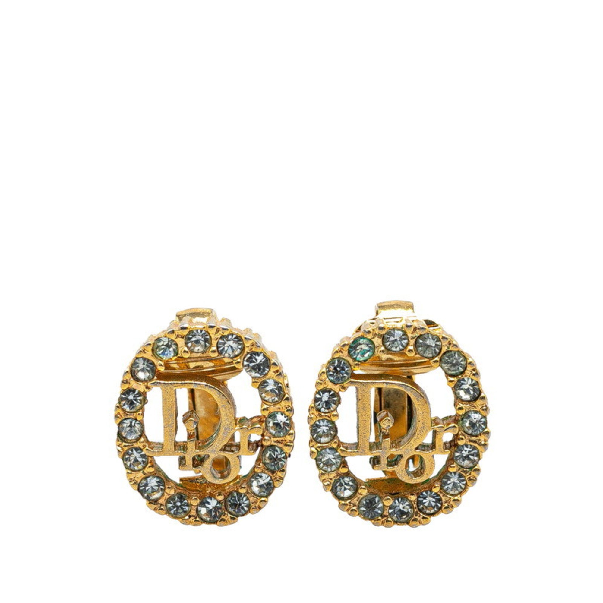 Christian Dior Dior Round Rhinestone Earrings Gold Plated Women's