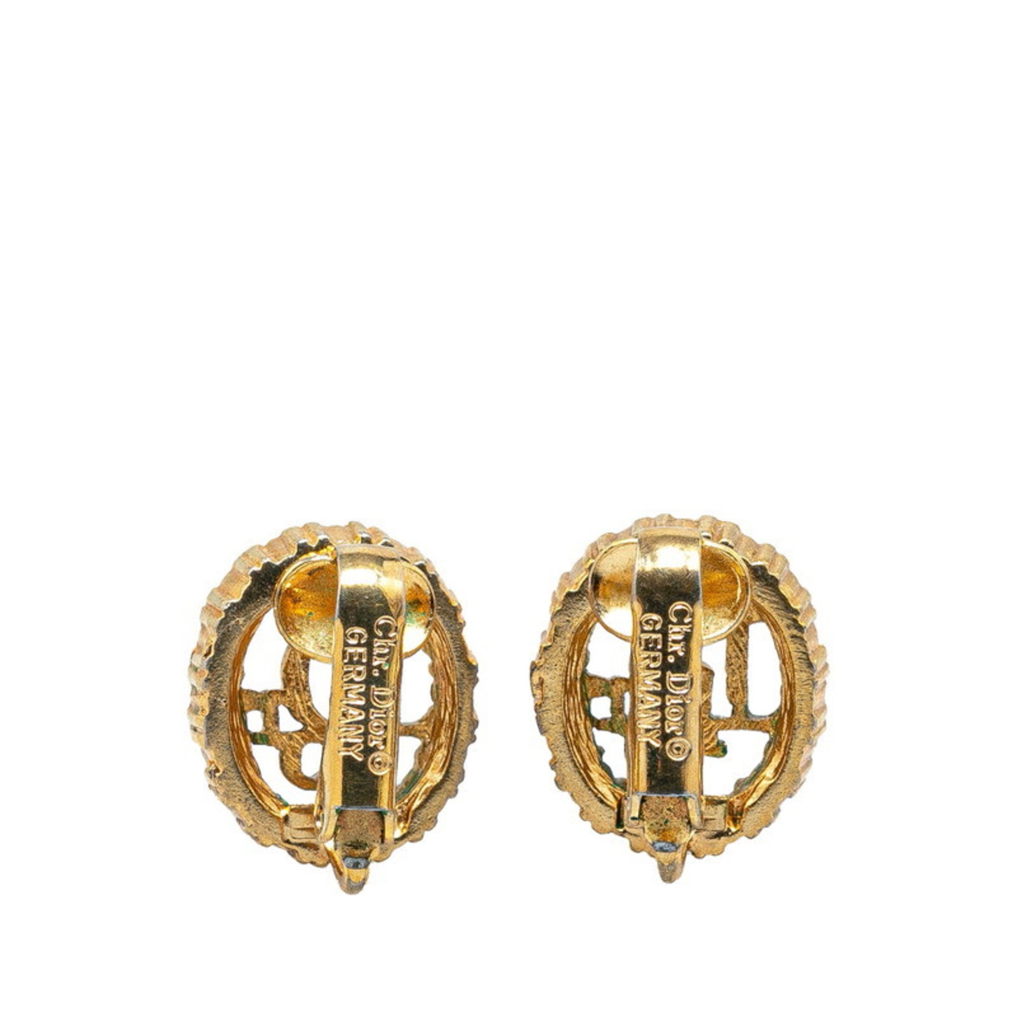 Christian Dior Dior Round Rhinestone Earrings Gold Plated Women's