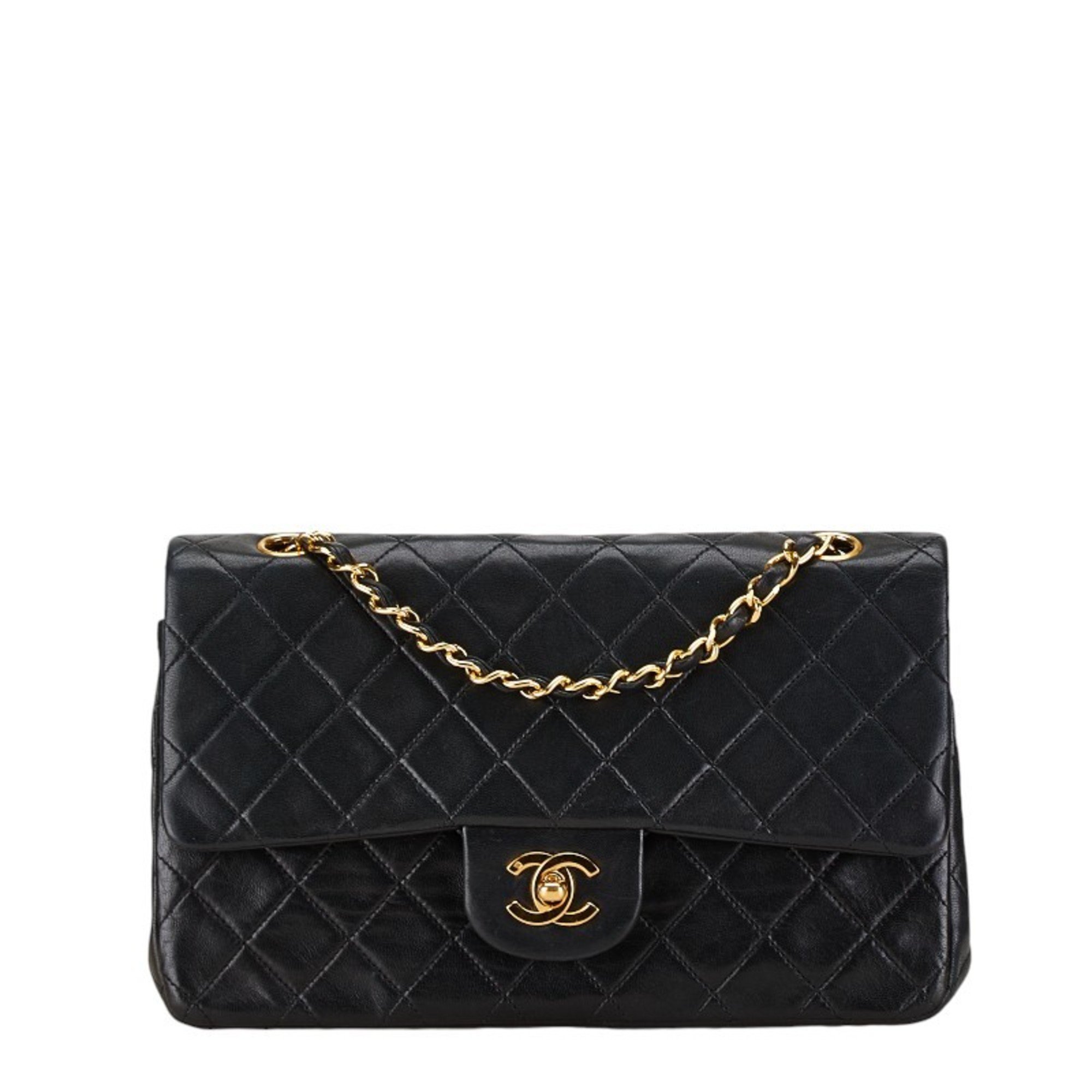 Chanel Matelasse 25 Coco Mark Double Flap Chain Shoulder Bag Black Lambskin Women's CHANEL