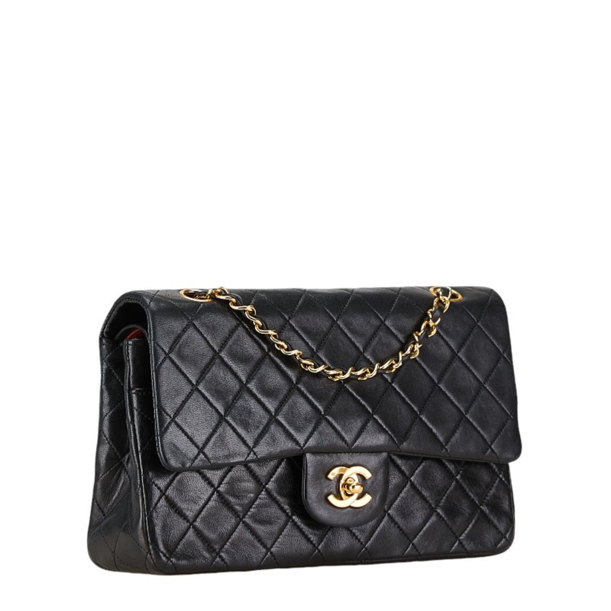 Chanel Matelasse 25 Coco Mark Double Flap Chain Shoulder Bag Black Lambskin Women's CHANEL