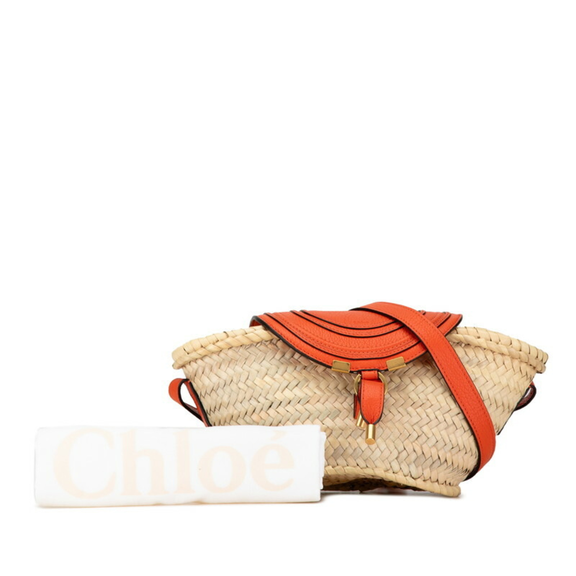 Chloé Chloe Marcie Small Shoulder Bag Bucket Beige Orange Raffia Leather Women's