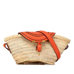 Chloé Chloe Marcie Small Shoulder Bag Bucket Beige Orange Raffia Leather Women's