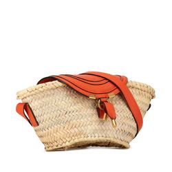 Chloé Chloe Marcie Small Shoulder Bag Bucket Beige Orange Raffia Leather Women's