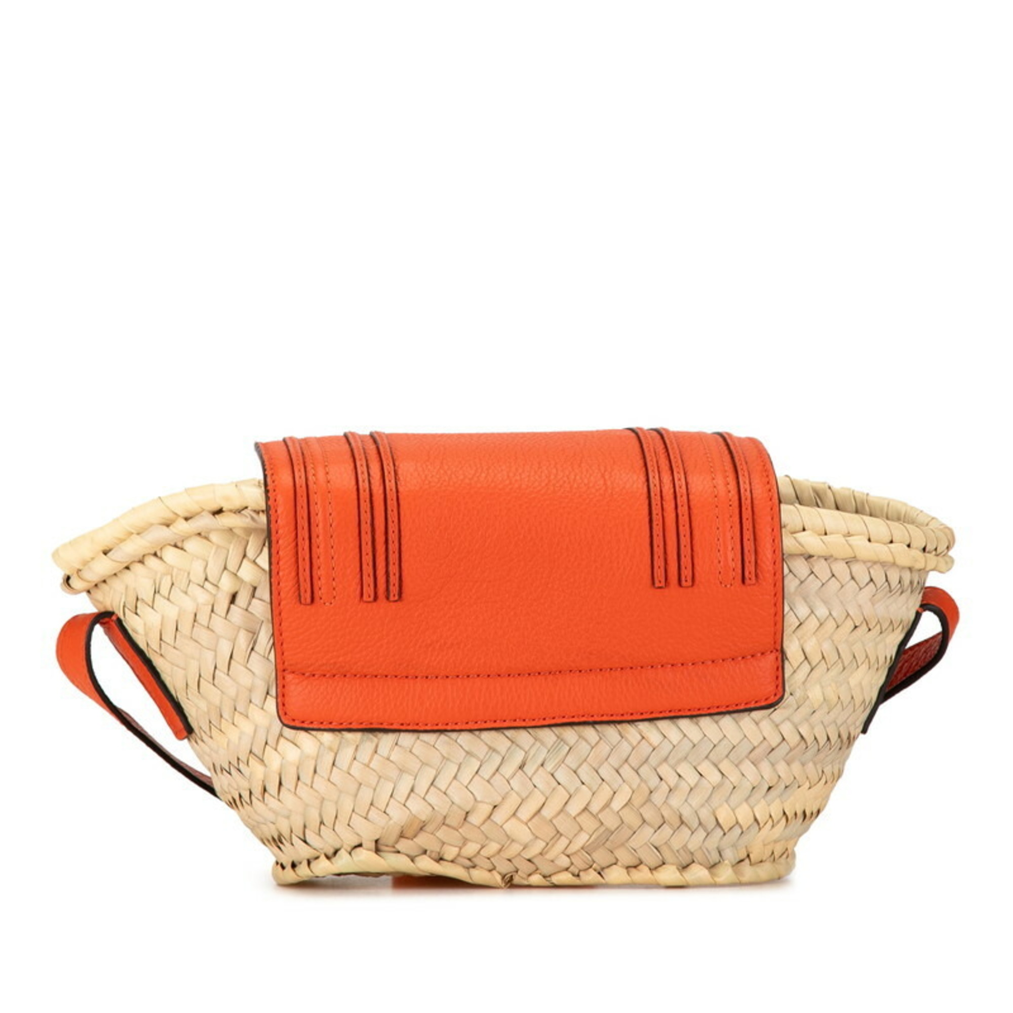 Chloé Chloe Marcie Small Shoulder Bag Bucket Beige Orange Raffia Leather Women's