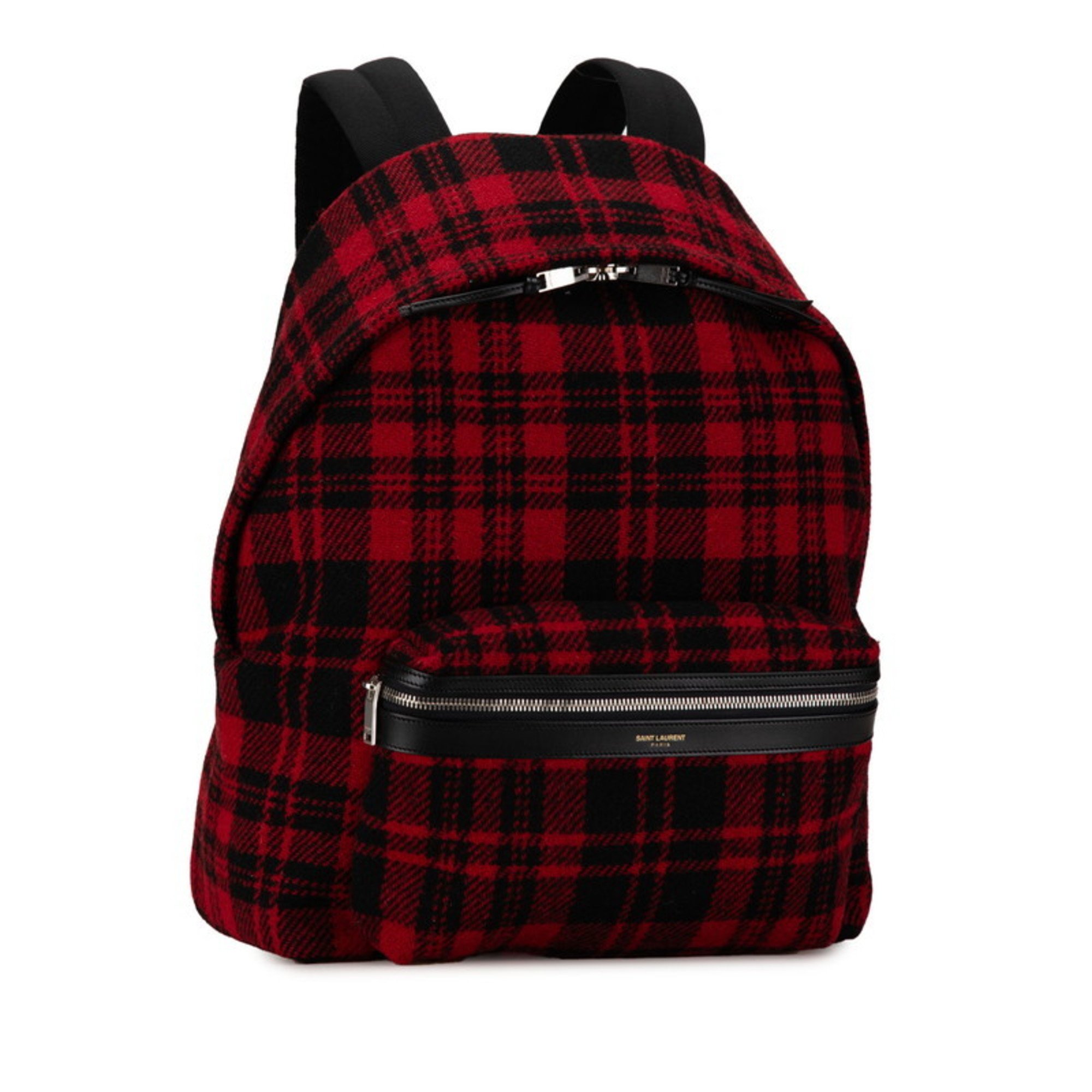 Saint Laurent Check City Backpack 326865 Red Black Wool Leather Men's SAINT LAURENT