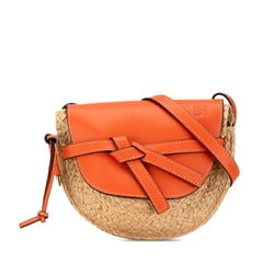 LOEWE Anagram Gate Bag Shoulder 061851 Orange Beige Raffia Leather Women's