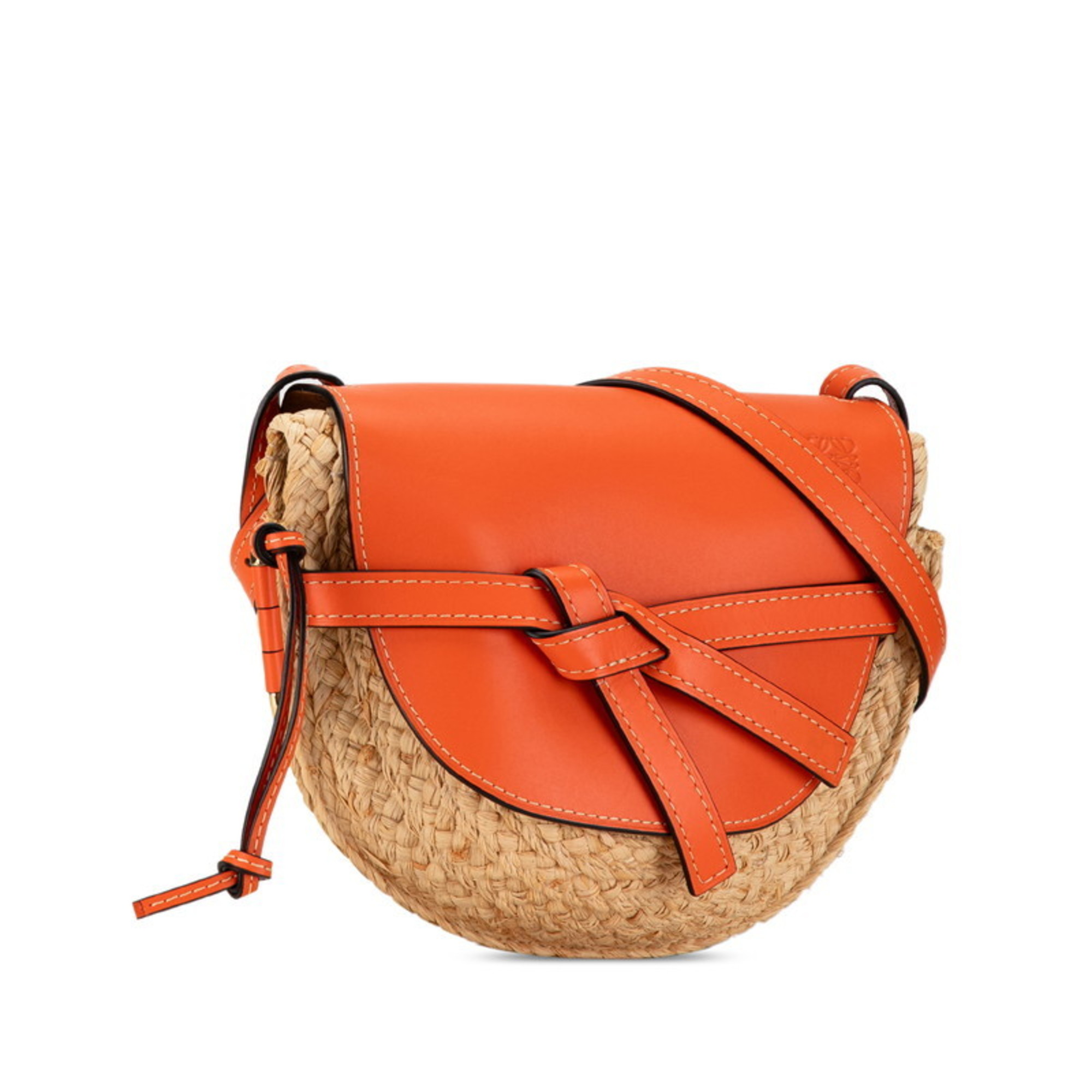 LOEWE Anagram Gate Bag Shoulder 061851 Orange Beige Raffia Leather Women's