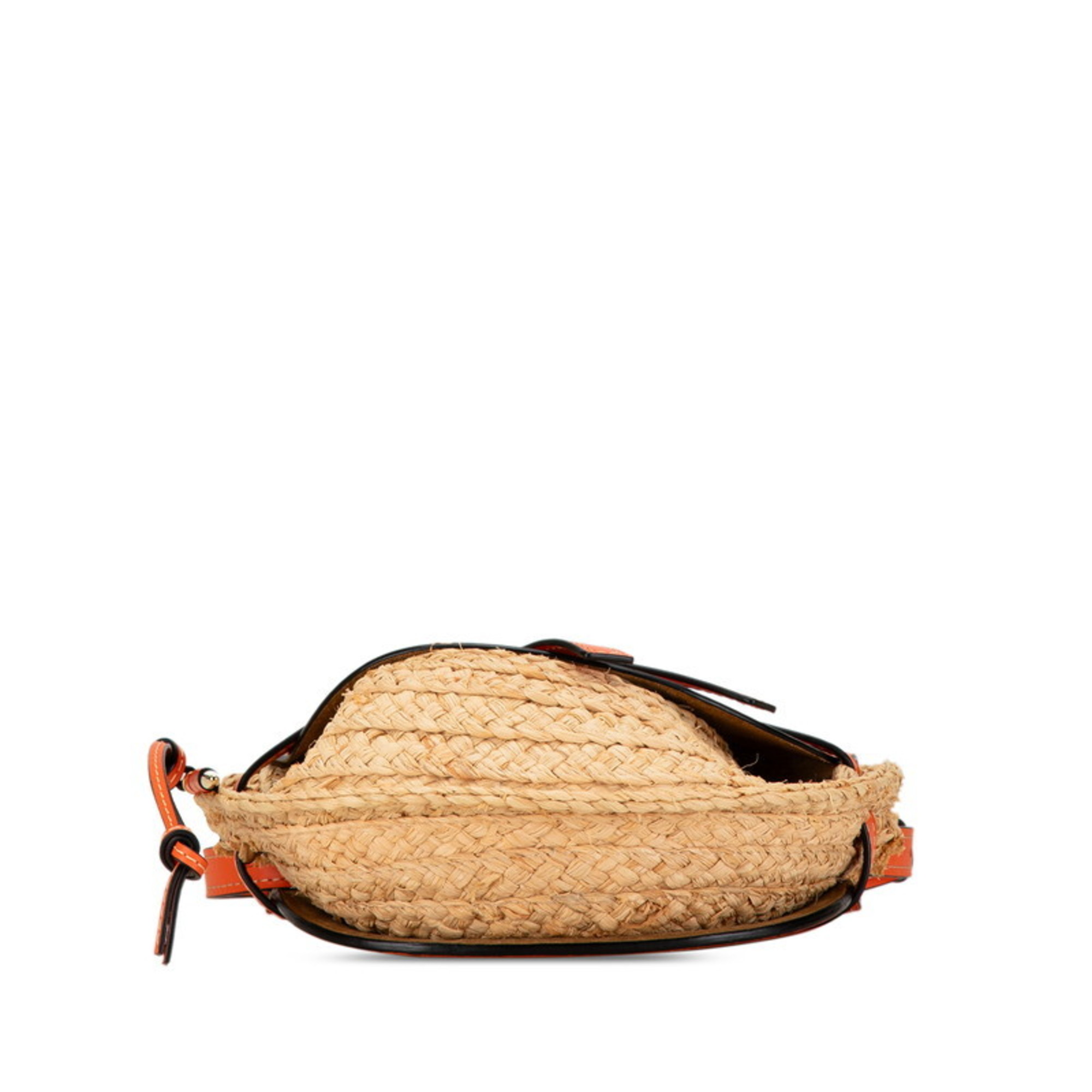 LOEWE Anagram Gate Bag Shoulder 061851 Orange Beige Raffia Leather Women's