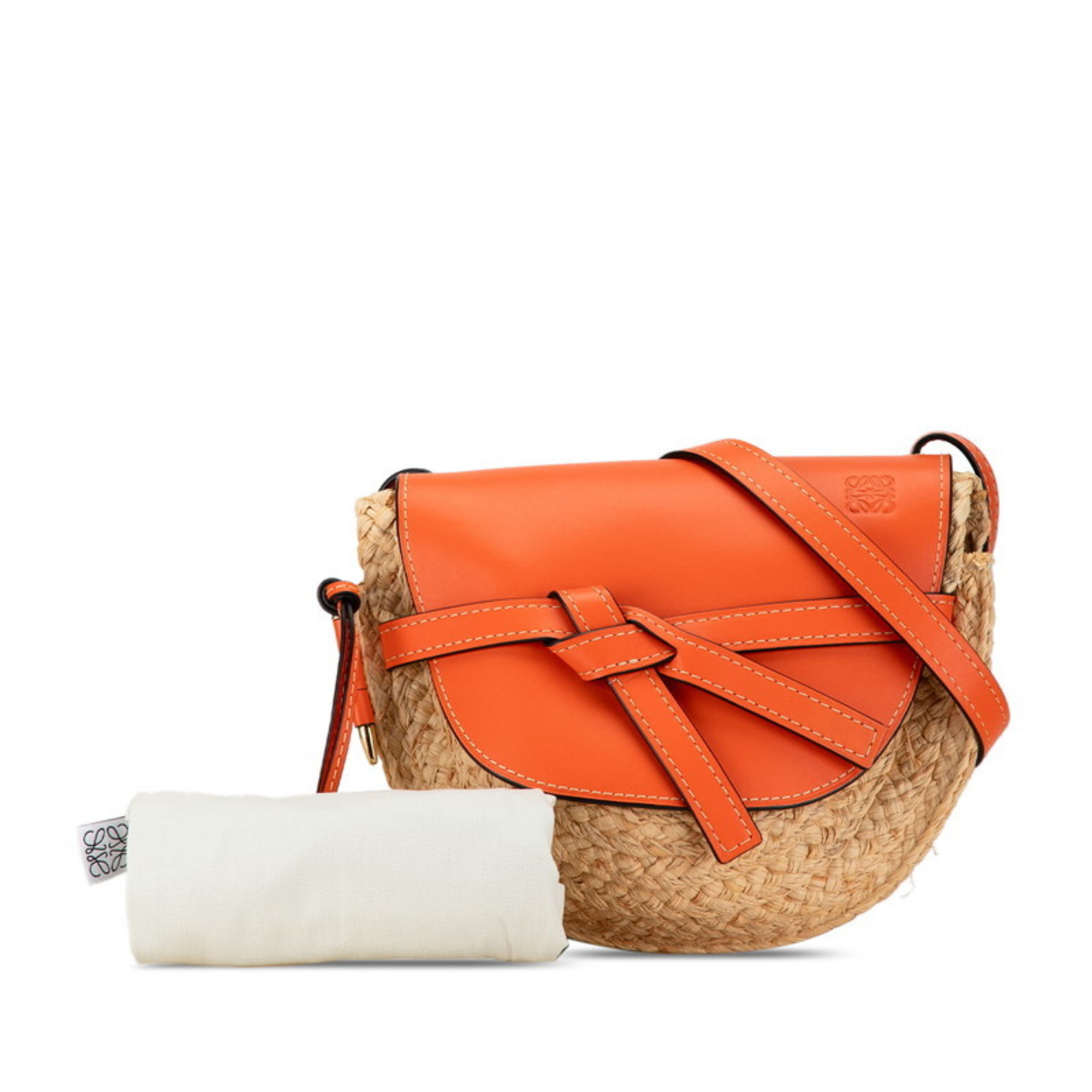 LOEWE Anagram Gate Bag Shoulder 061851 Orange Beige Raffia Leather Women's