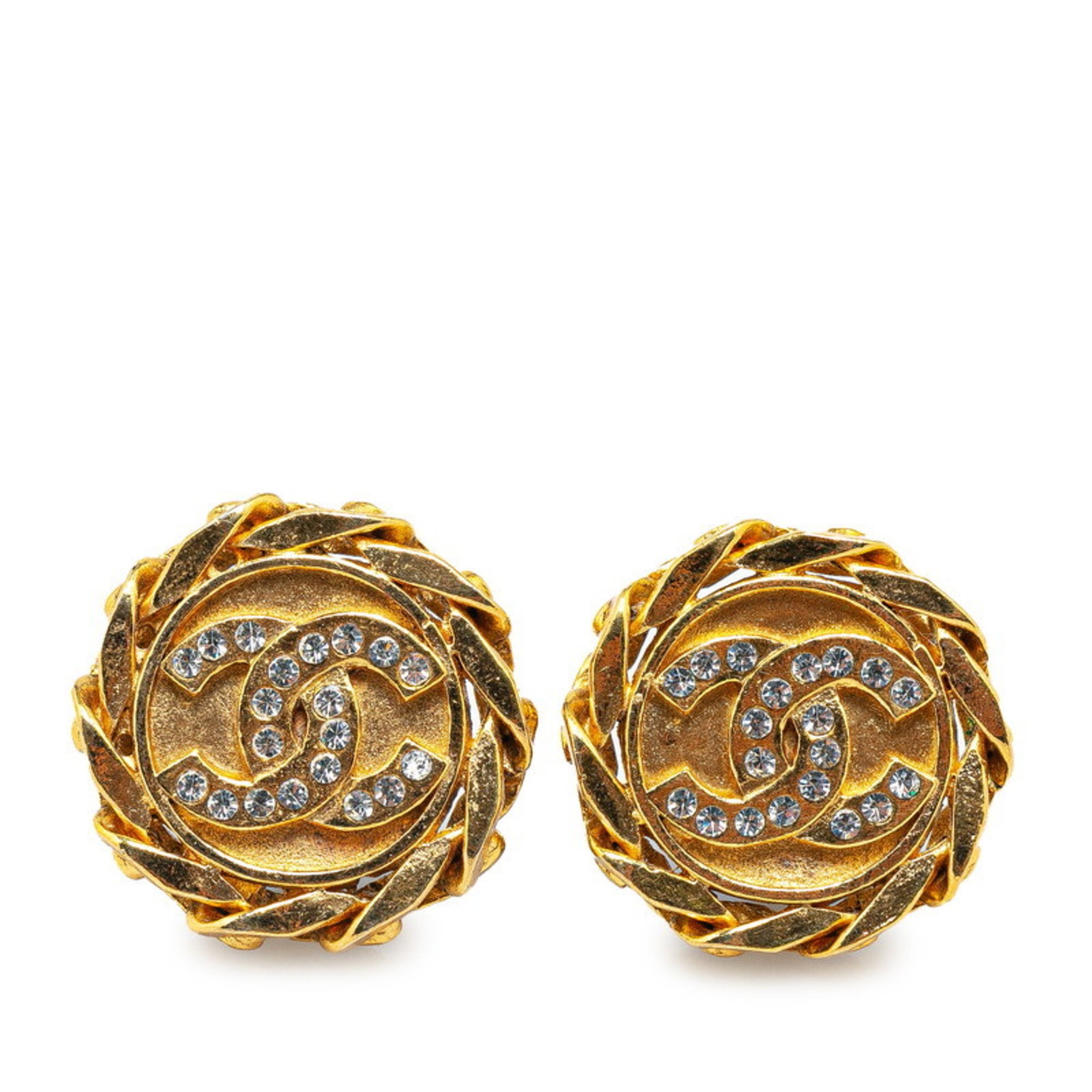 Chanel Coco Mark Chain Earrings Gold Plated Rhinestones Women's CHANEL