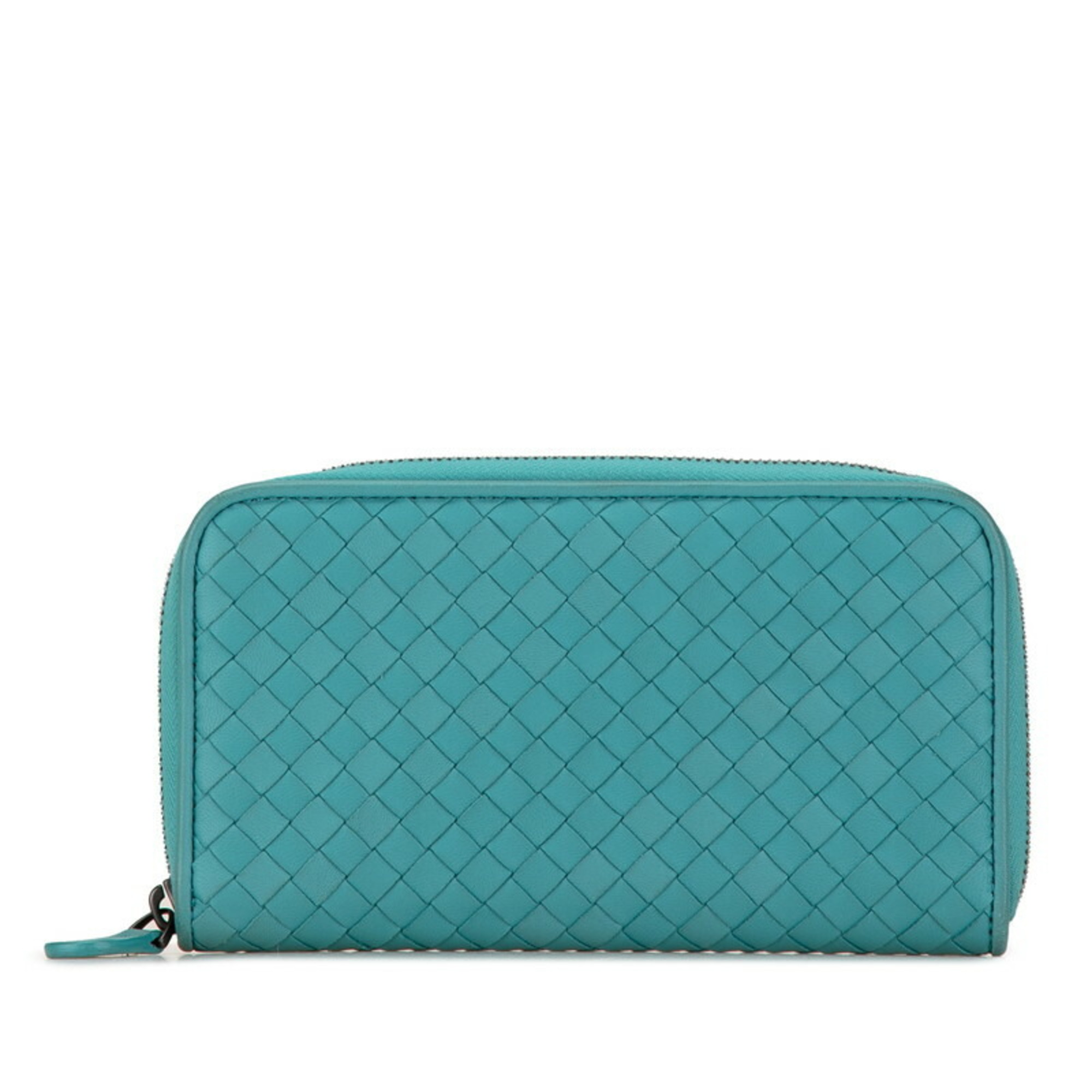 Bottega Veneta Intrecciato Round Long Wallet Light Blue Green Leather Women's BOTTEGAVENETA