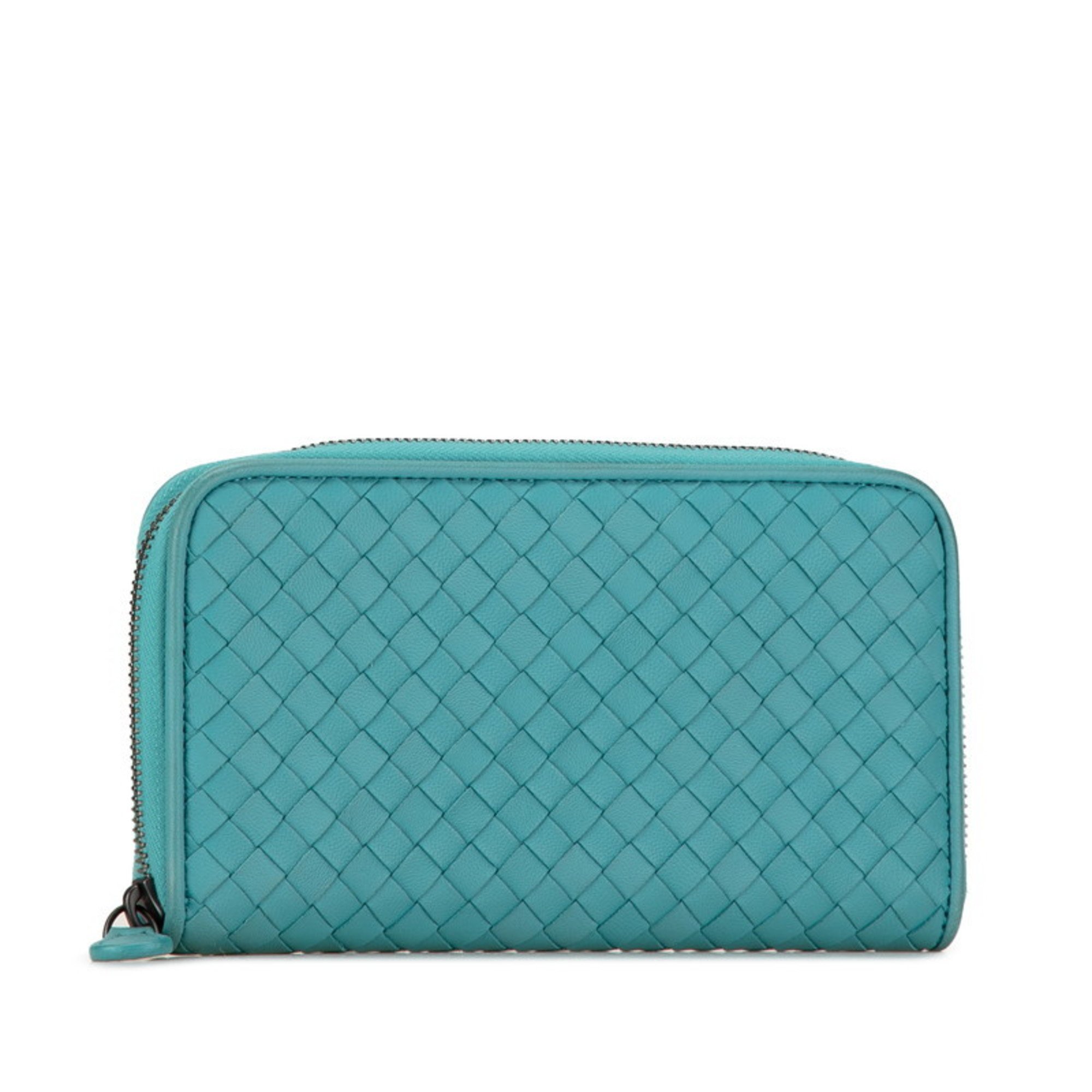 Bottega Veneta Intrecciato Round Long Wallet Light Blue Green Leather Women's BOTTEGAVENETA