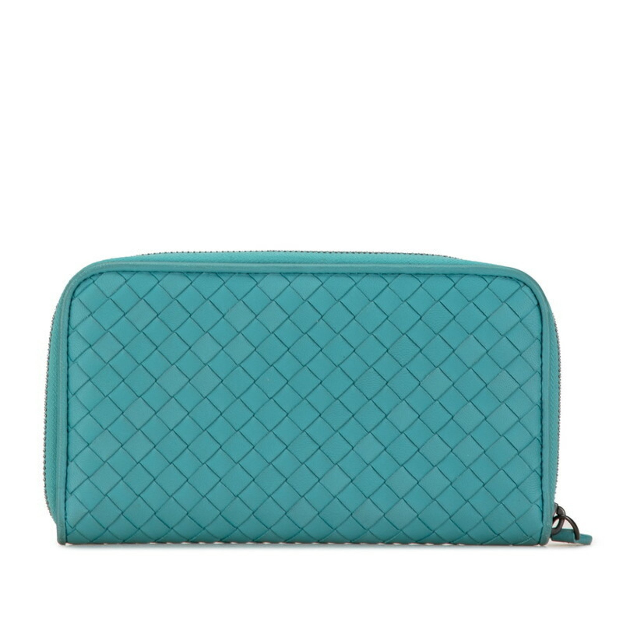 Bottega Veneta Intrecciato Round Long Wallet Light Blue Green Leather Women's BOTTEGAVENETA