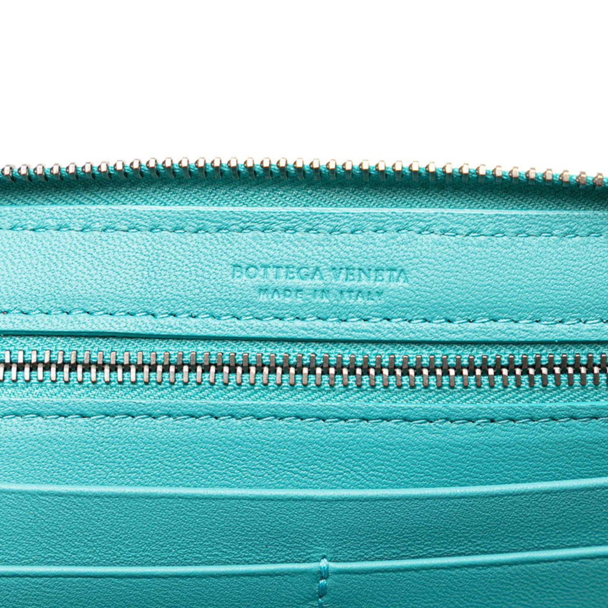 Bottega Veneta Intrecciato Round Long Wallet Light Blue Green Leather Women's BOTTEGAVENETA