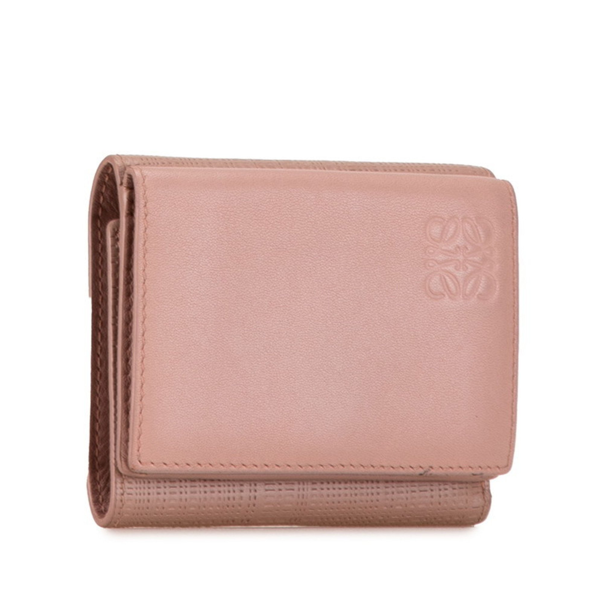 LOEWE Anagram Tri-fold Wallet Compact Pink Leather Women's