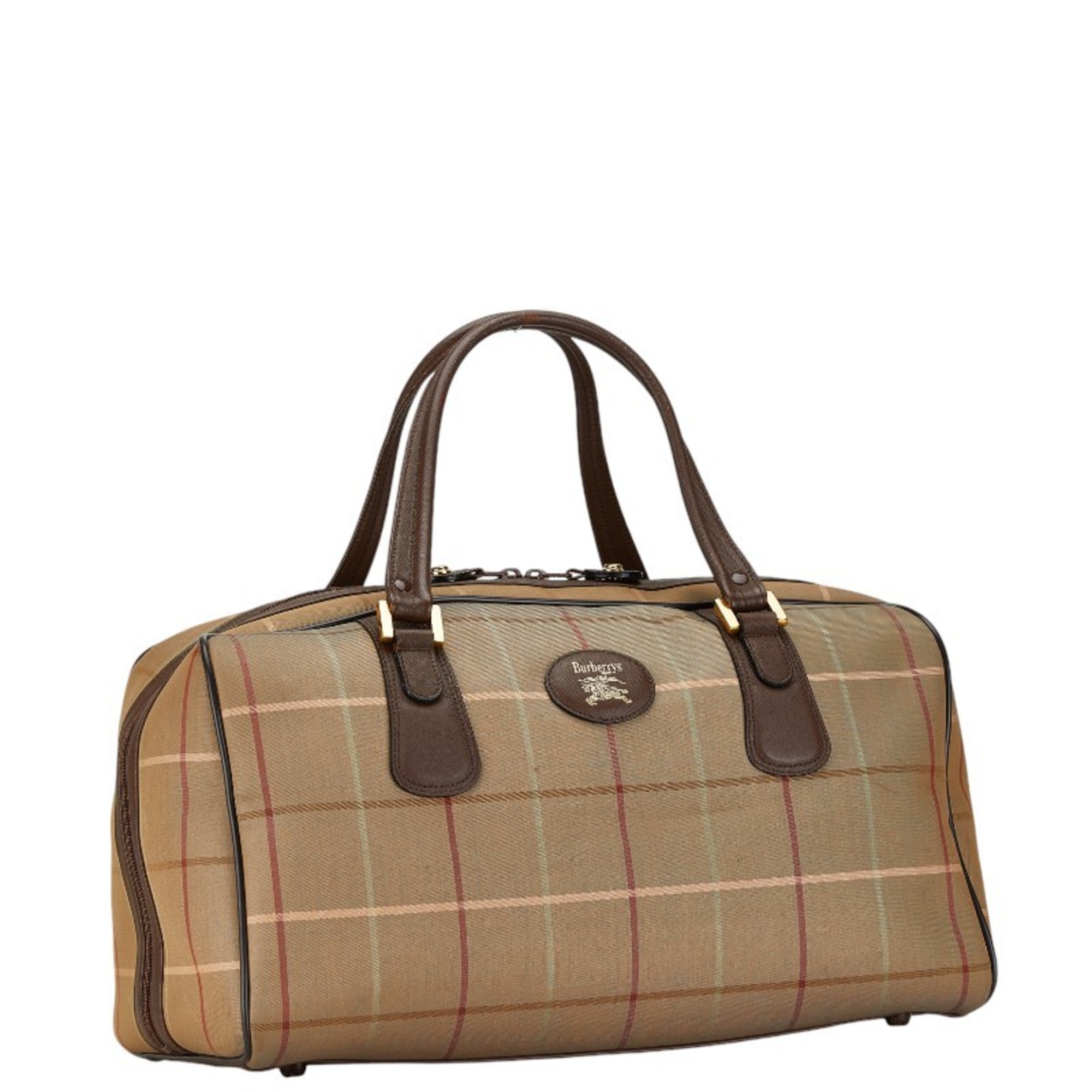 Burberry Check Boston Bag Travel Khaki Green Brown Canvas Leather Women's BURBERRY