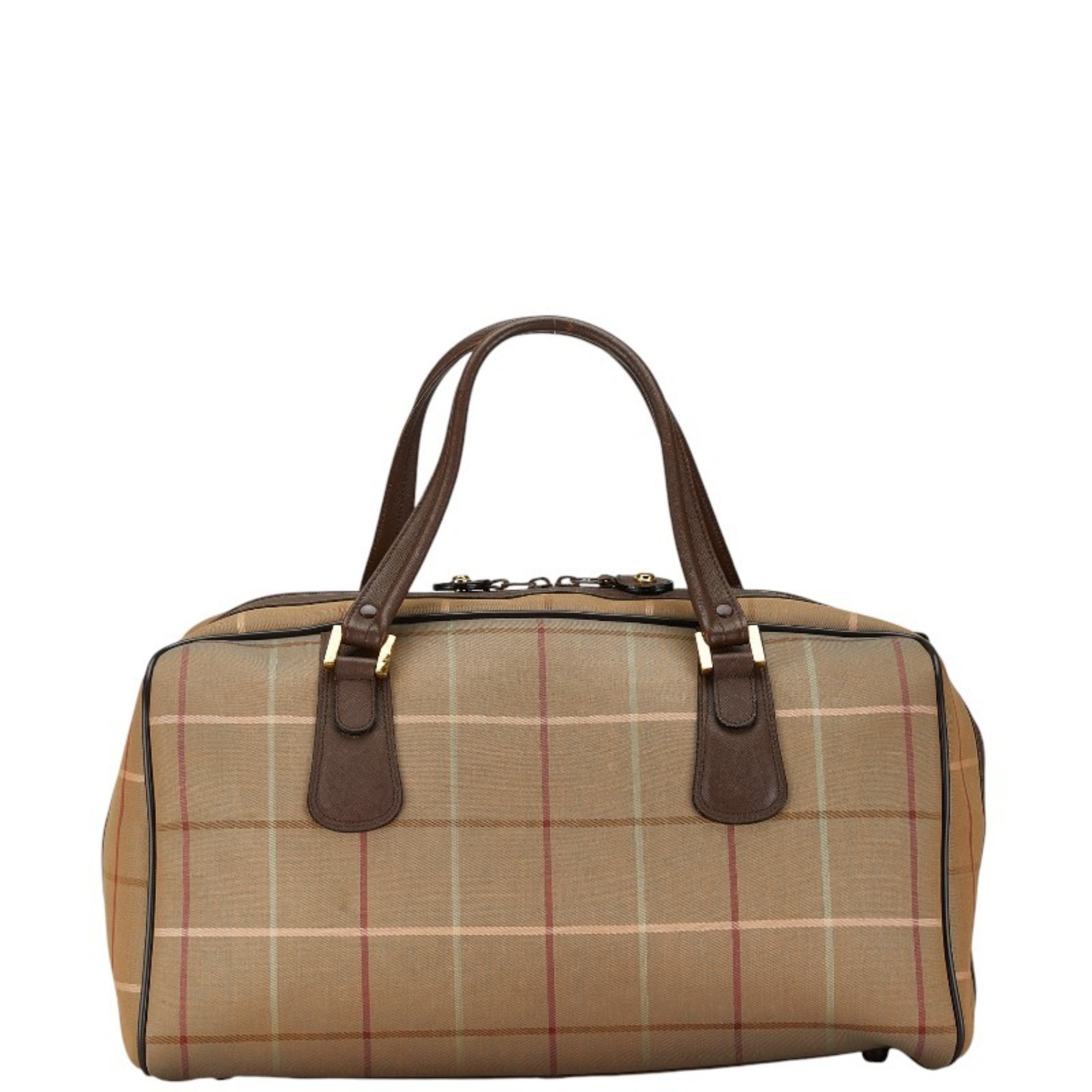 Burberry Check Boston Bag Travel Khaki Green Brown Canvas Leather Women's BURBERRY