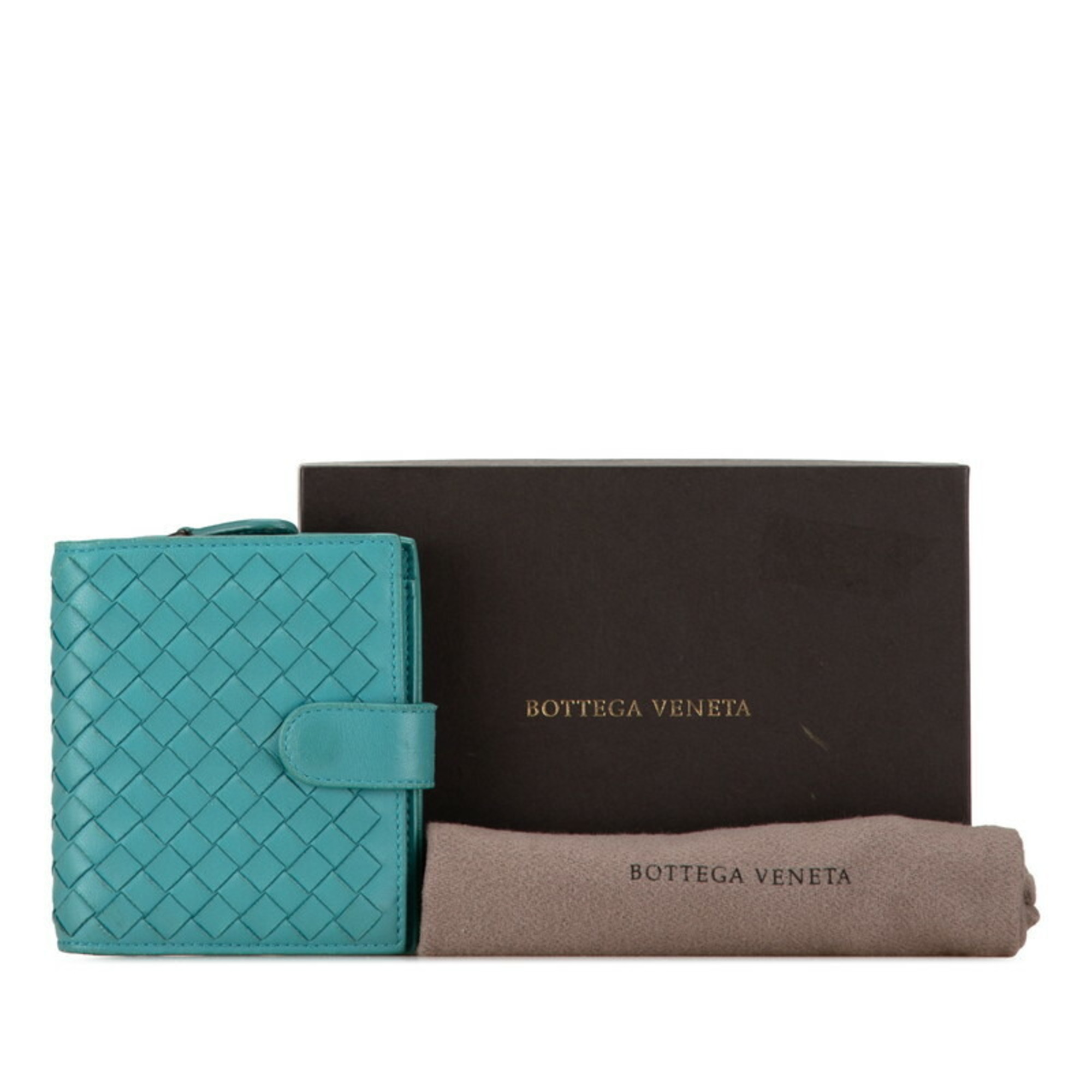 Bottega Veneta Intrecciato Bi-fold Wallet Blue Green Leather Women's BOTTEGAVENETA