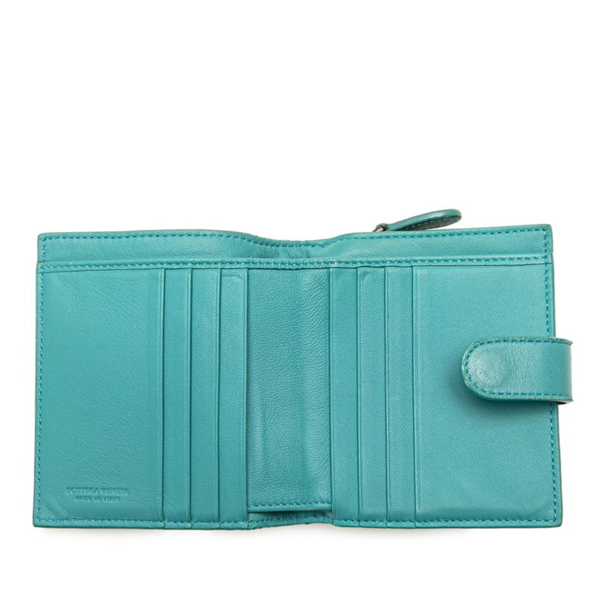 Bottega Veneta Intrecciato Bi-fold Wallet Blue Green Leather Women's BOTTEGAVENETA