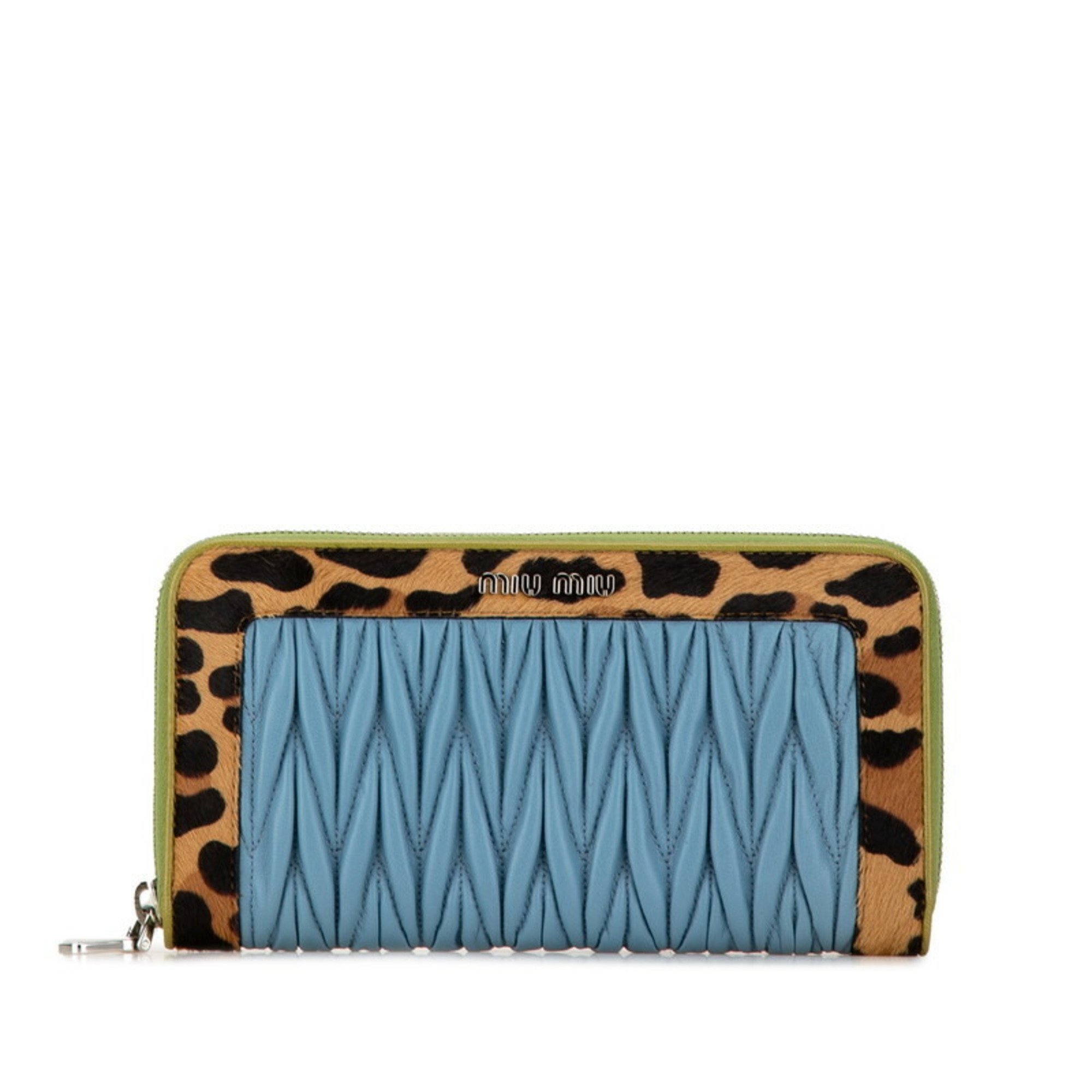 Miu Miu Miu Matelasse Leopard Round Long Wallet 5ML506 Light Blue Green Yellow Leather Pony Women's MIUMIU