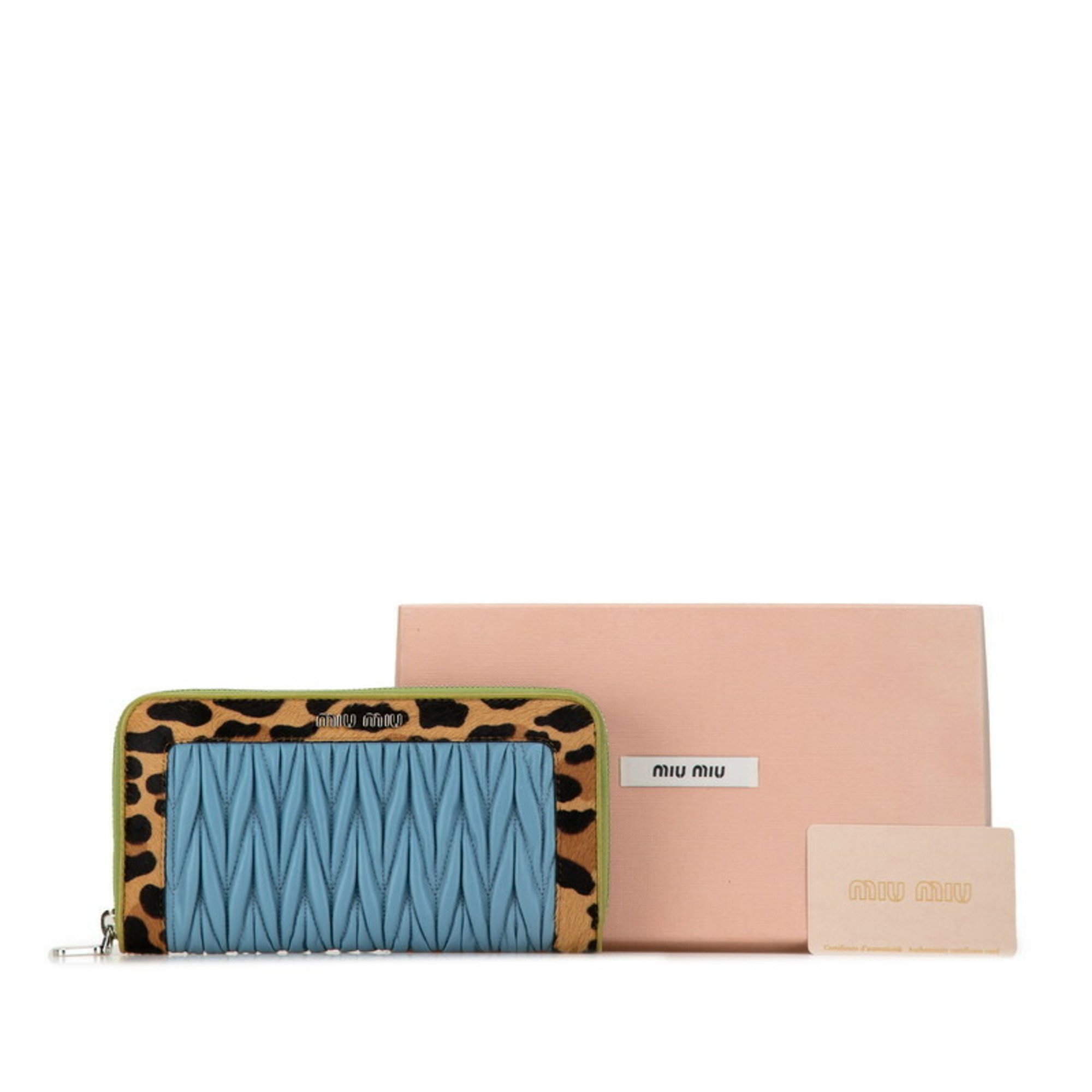 Miu Miu Miu Matelasse Leopard Round Long Wallet 5ML506 Light Blue Green Yellow Leather Pony Women's MIUMIU