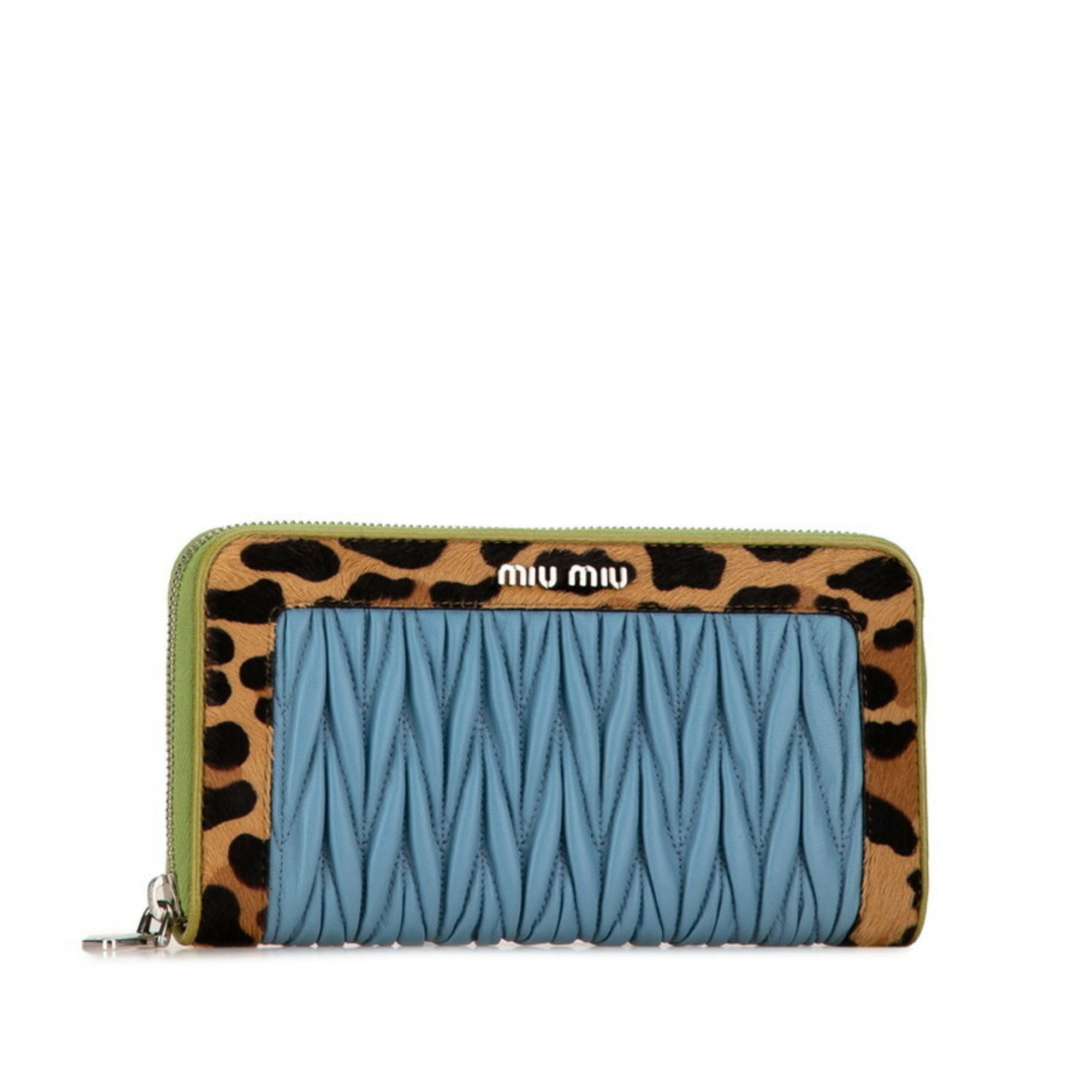 Miu Miu Miu Matelasse Leopard Round Long Wallet 5ML506 Light Blue Green Yellow Leather Pony Women's MIUMIU